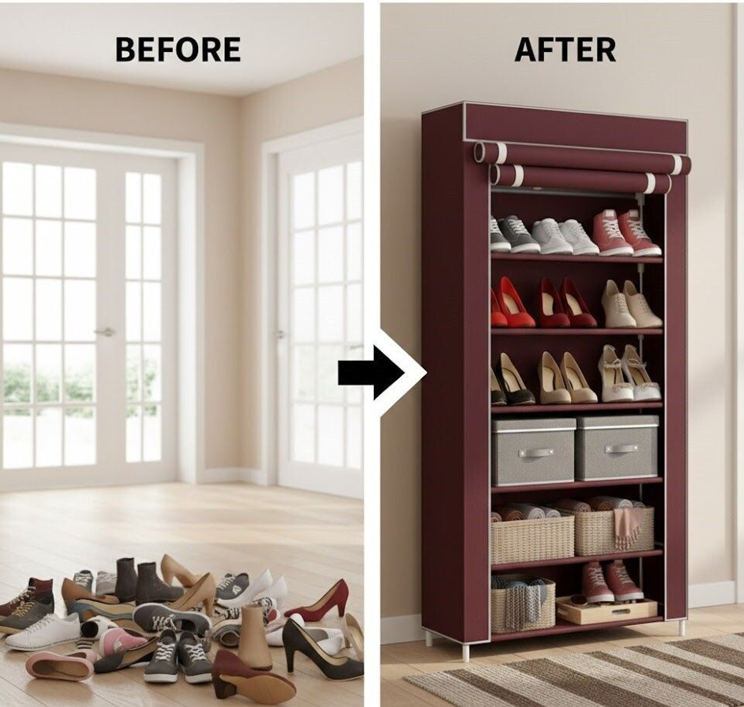 Image of Chalia Portable Rack with Maroon cover ultra durable 6 tier Rack for shoes books etc Plastic Collapsible Shoe Stand