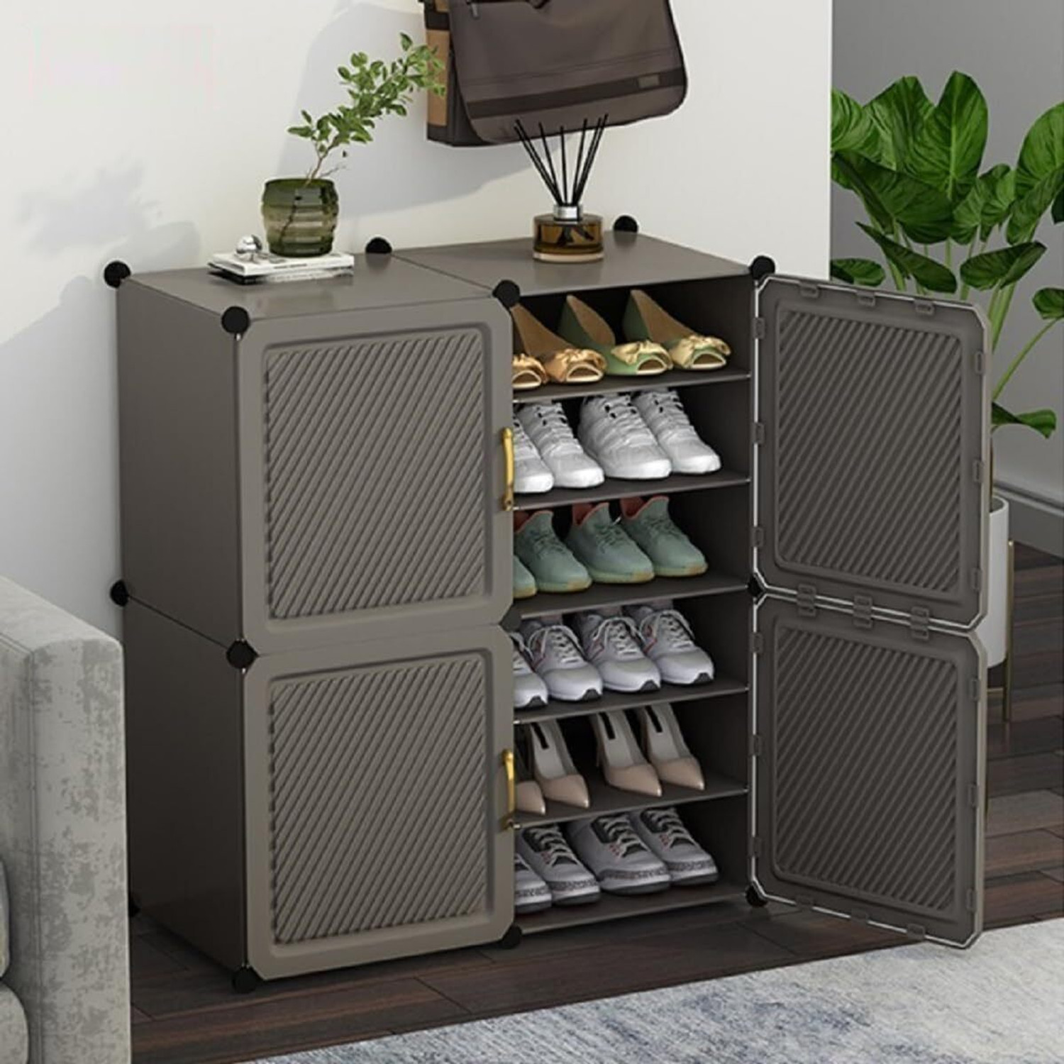 Image of SNKR ESSENTIALS 12-Shelf-4-Door Plastic Cupboard Shoe Rack Plastic, Metal Collapsible Shoe Stand