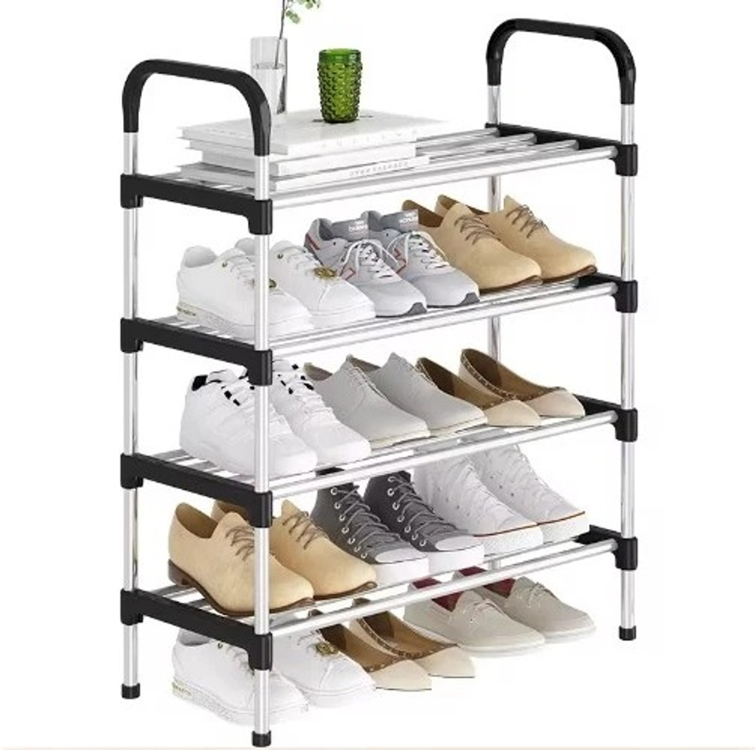 Image of SOUKIO Space-Saving 4-Tier Metal Open Shoe Rack,Home Entryway, Bedroom & Living Room, Metal, Plastic Shoe Stand