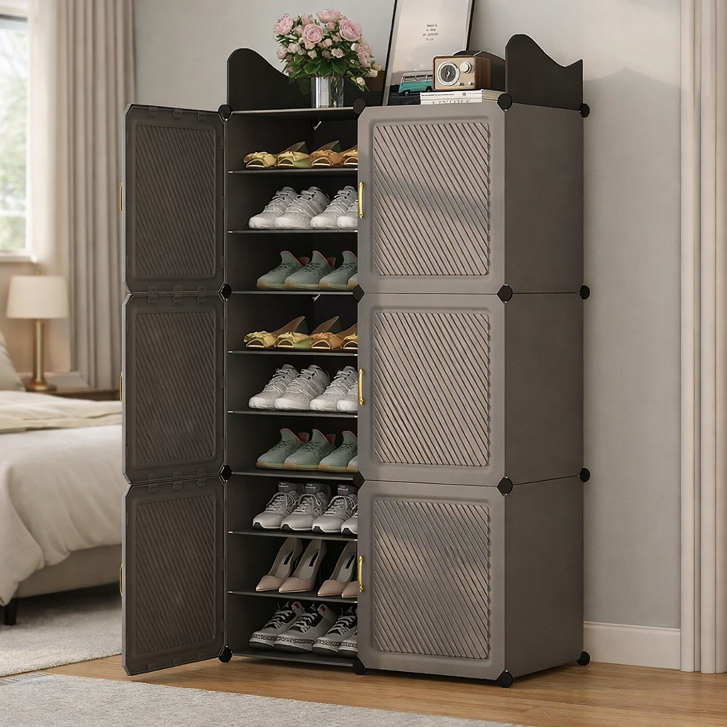 Image of Evrum 18-Shelf-6-Door Plastic Cubort Shoe Rack Plastic Collapsible Shoe Stand