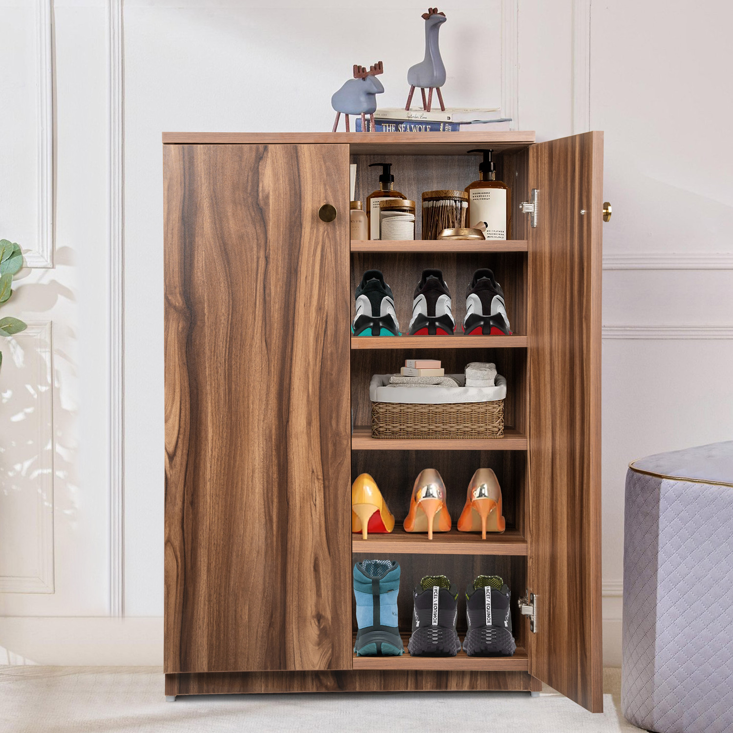 Image of Urbanovia Space-Saving Wooden Shoe Cabinet with Multi-Shelf Storage Engineered Wood Shoe Rack