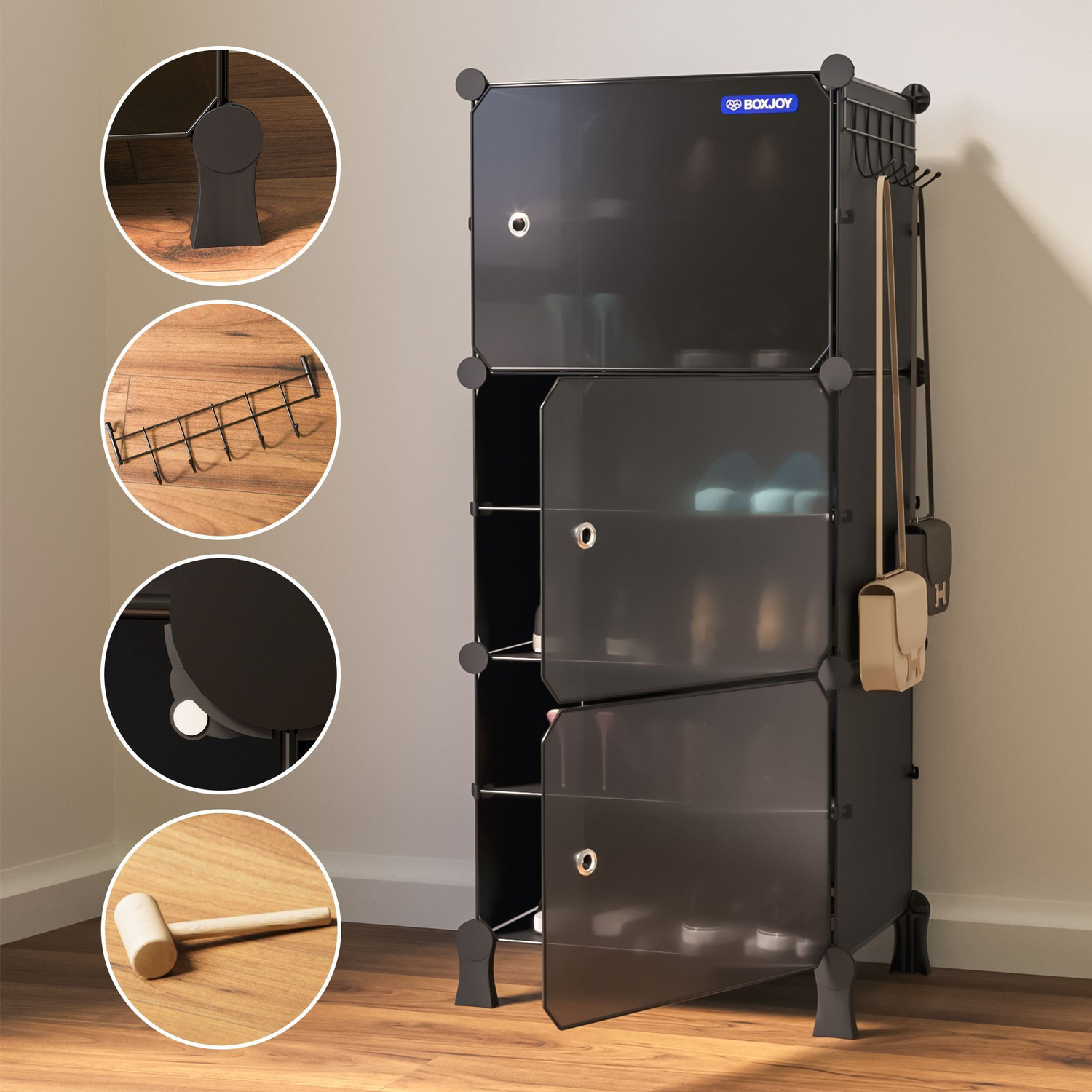 Image of BOXJOY 6 Shelf 3 Doors Shoes Rack for Home, 5 Hook Metal Holder, Magnet, Wooden Hammer Plastic Shoe Stand