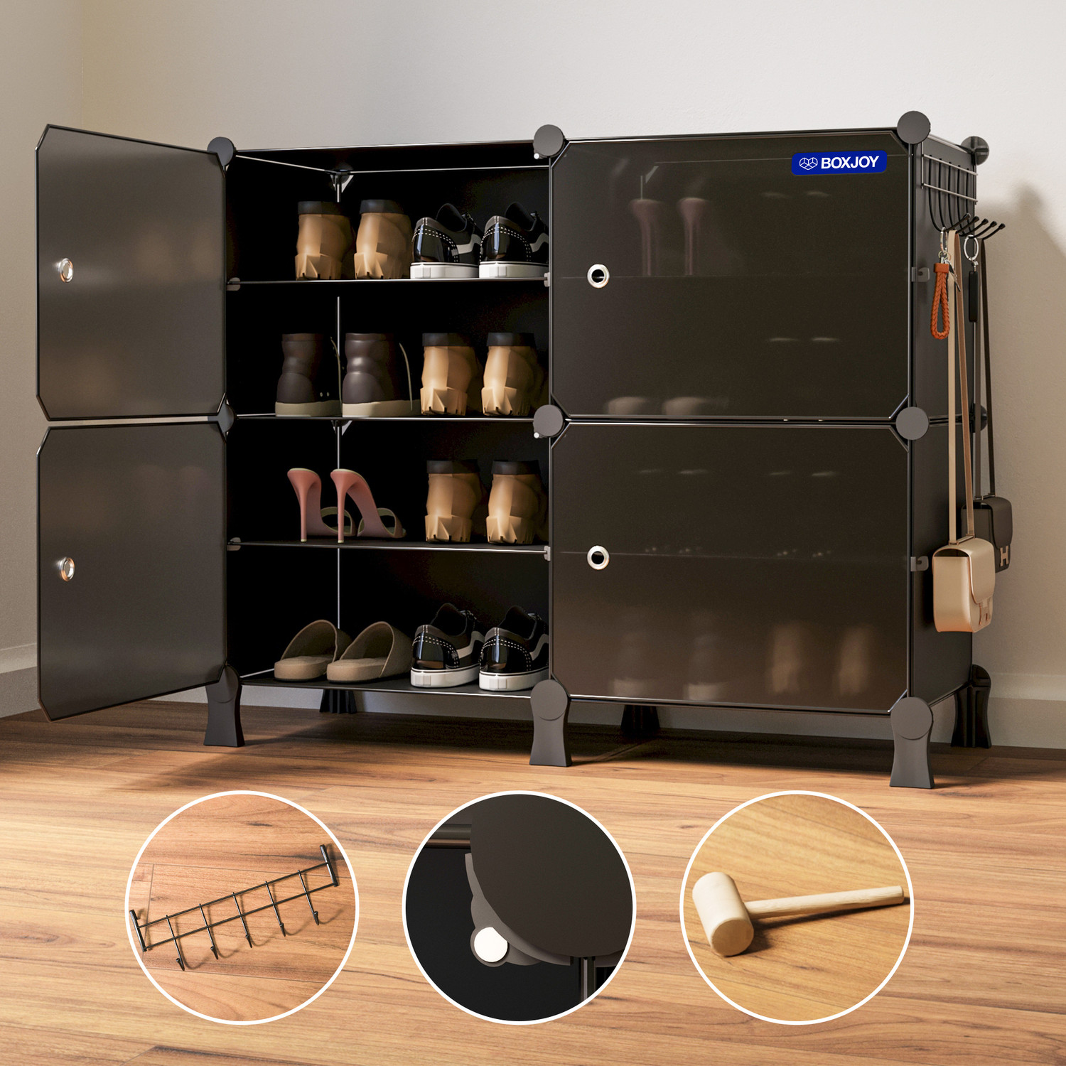 Image of BOXJOY 8 Shelf 4 Doors Shoes Rack for Home, Magnet, 5 Hook Steel Holder, Wooden Hammer Plastic Shoe Stand