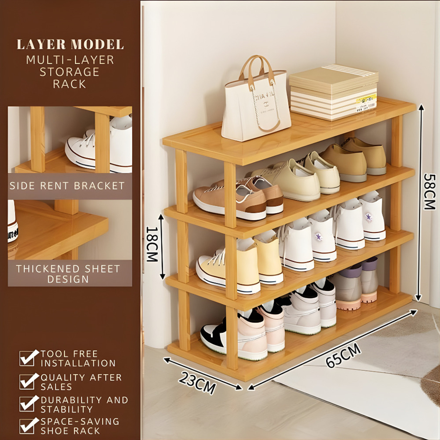 Image of Ginoya Brothers adjustable shoe rack, optimized for small spaces Bamboo Shoe Stand