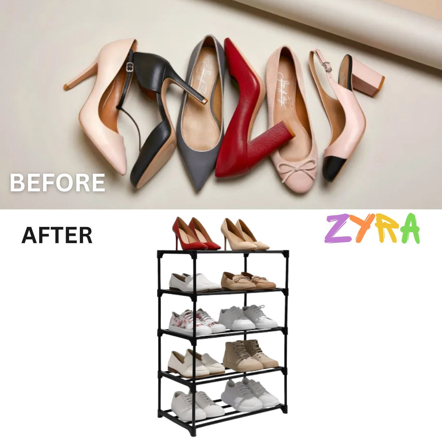 Image of Zyra 5 Tier Plastic Foldable Shoe Rack Multipurpose Storage Organizer Stand For Home Plastic Shoe Stand