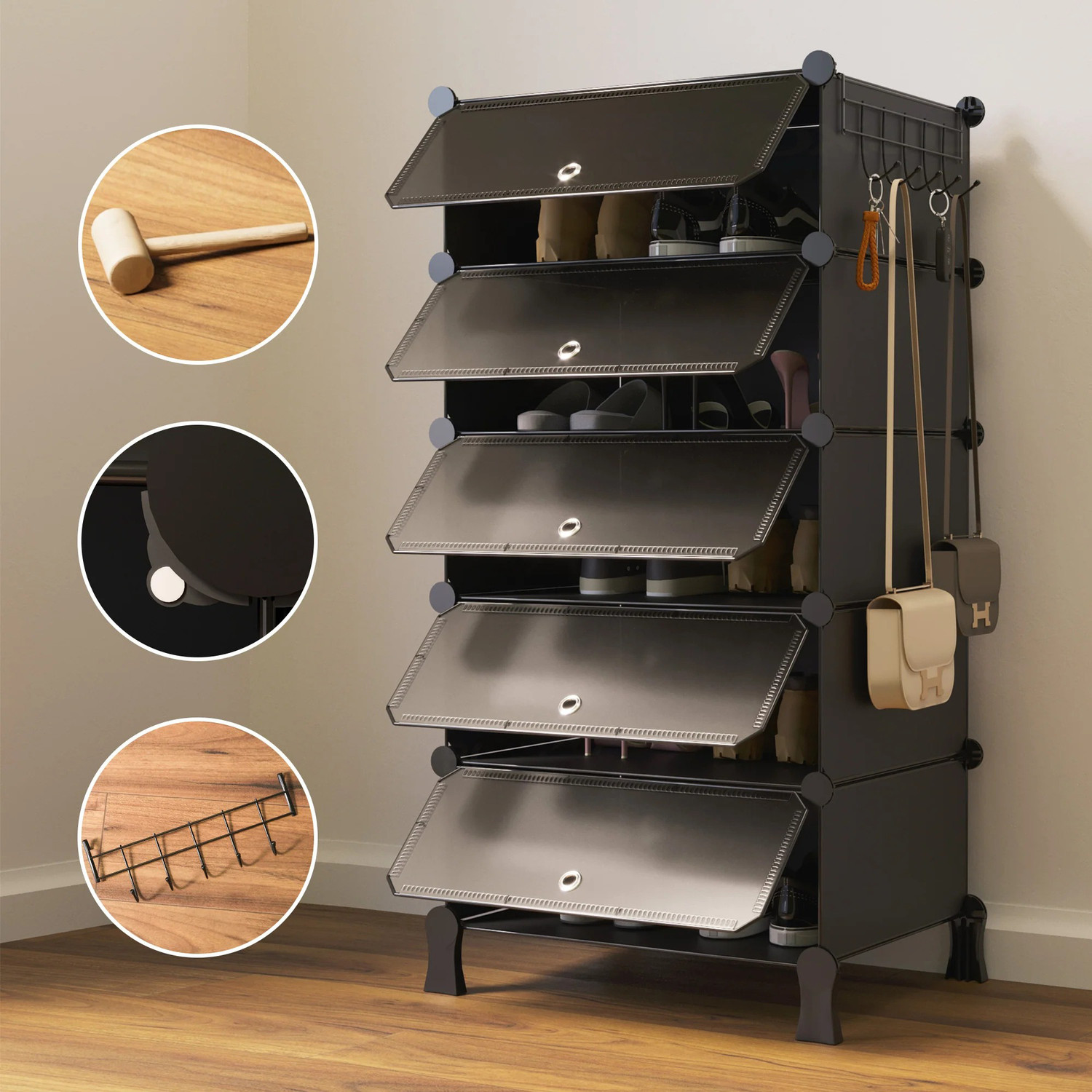 Image of Sasimo 5-Shelf-5-Door Plastic Cubort Shoe Rack Plastic Collapsible Shoe Stand