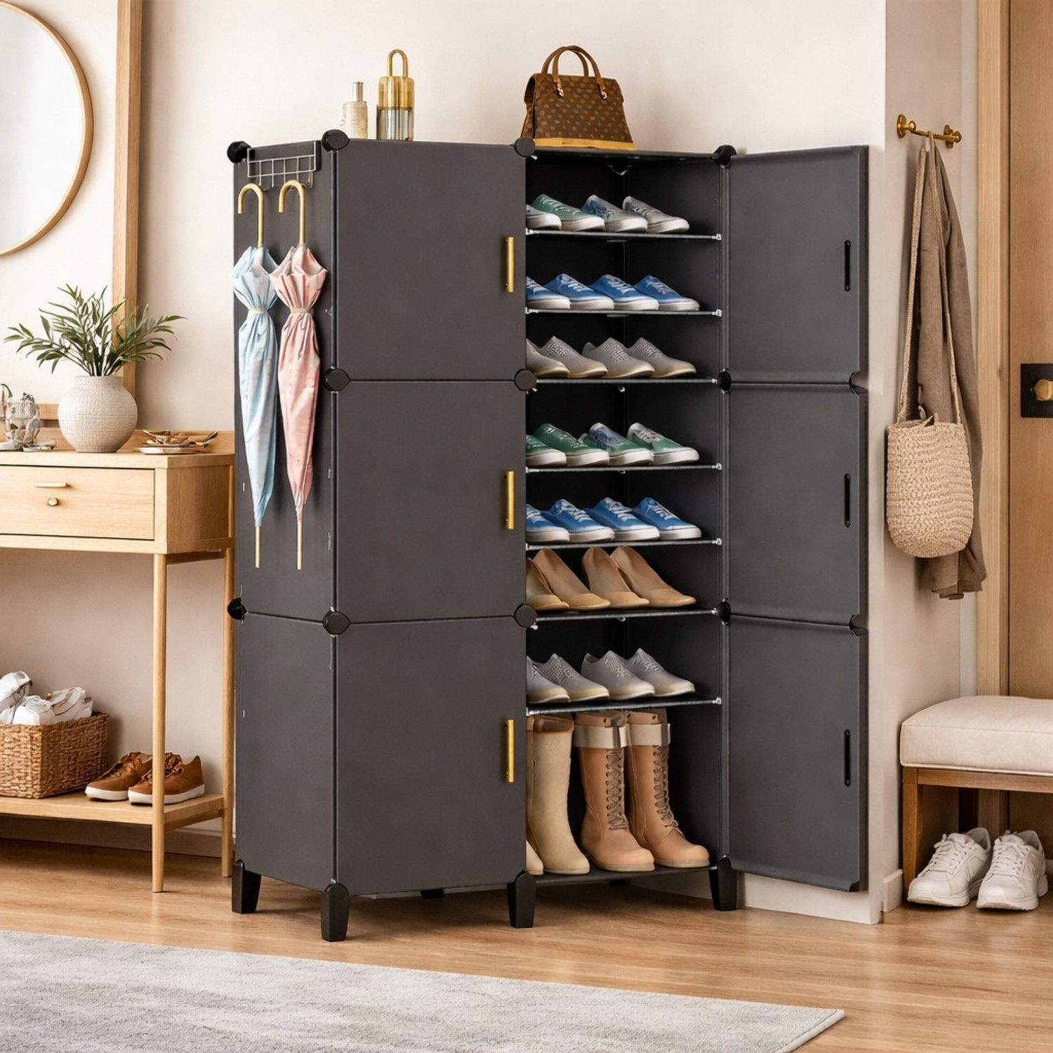 Image of Evrum 18-Shelf 6-Door Plastic Shoe Rack with Doors,Cabinet Organizer,Juta Stand Box Plastic Collapsible Shoe Stand