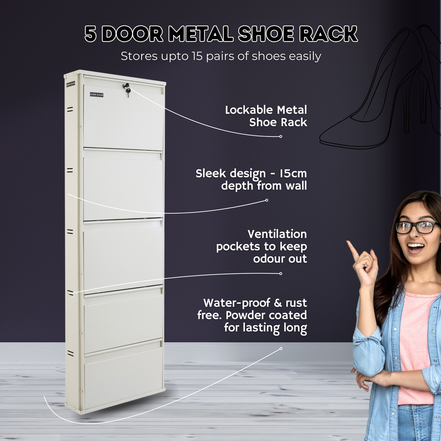 Image of Sleek Silver Space Saving Shoe Organiser Cabinet with 12-15 Pairs Capacity Metal Shoe Rack
