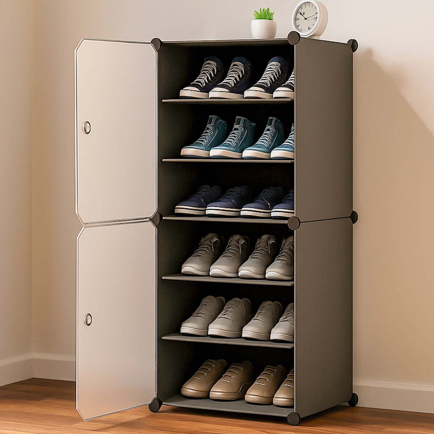 Image of Sasimo 6-Shelf-2-Door Plastic Cubort Shoe Rack Plastic Collapsible Shoe Stand