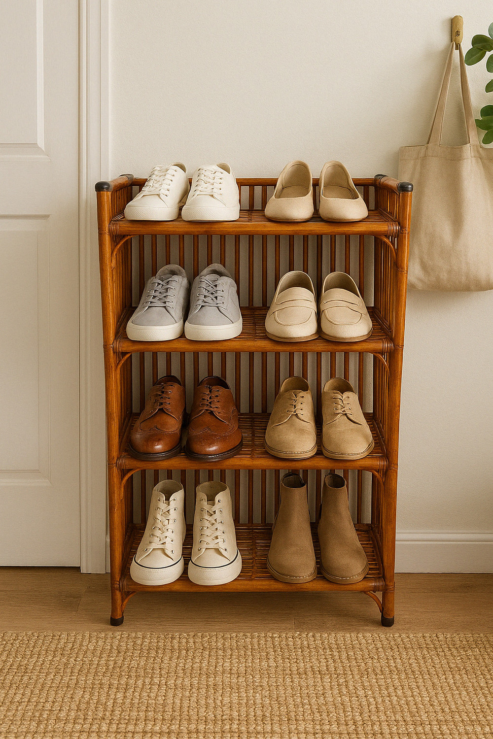 Image of QUEES Wooden 4 Tier Multi Layer Storage Rack |Wood Shoe Rack & Multipurpose for Home Bamboo, Cane, Engineered Wood, Solid Wood Shoe Rack (Brown, 4 Shelves, Pre-assembled)