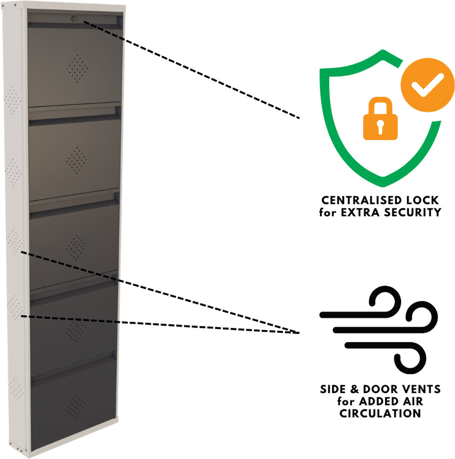 Image of KRUGER 5 Door Grey 20x71x5.5 inch 10 to 15 Shoe Capacity Wall Mounted Centralised Lock Metal Shoe Rack
