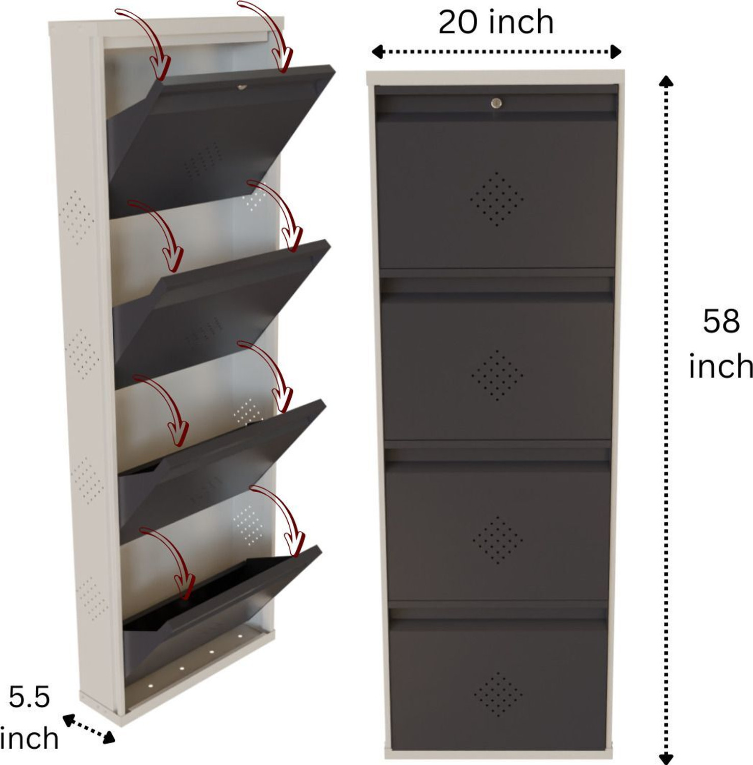 Image of KRUGER 4 Door Grey 21x58x5.5 inch 8 to 12 Shoe Capacity Wall Mounted Centralised Lock Metal Shoe Rack