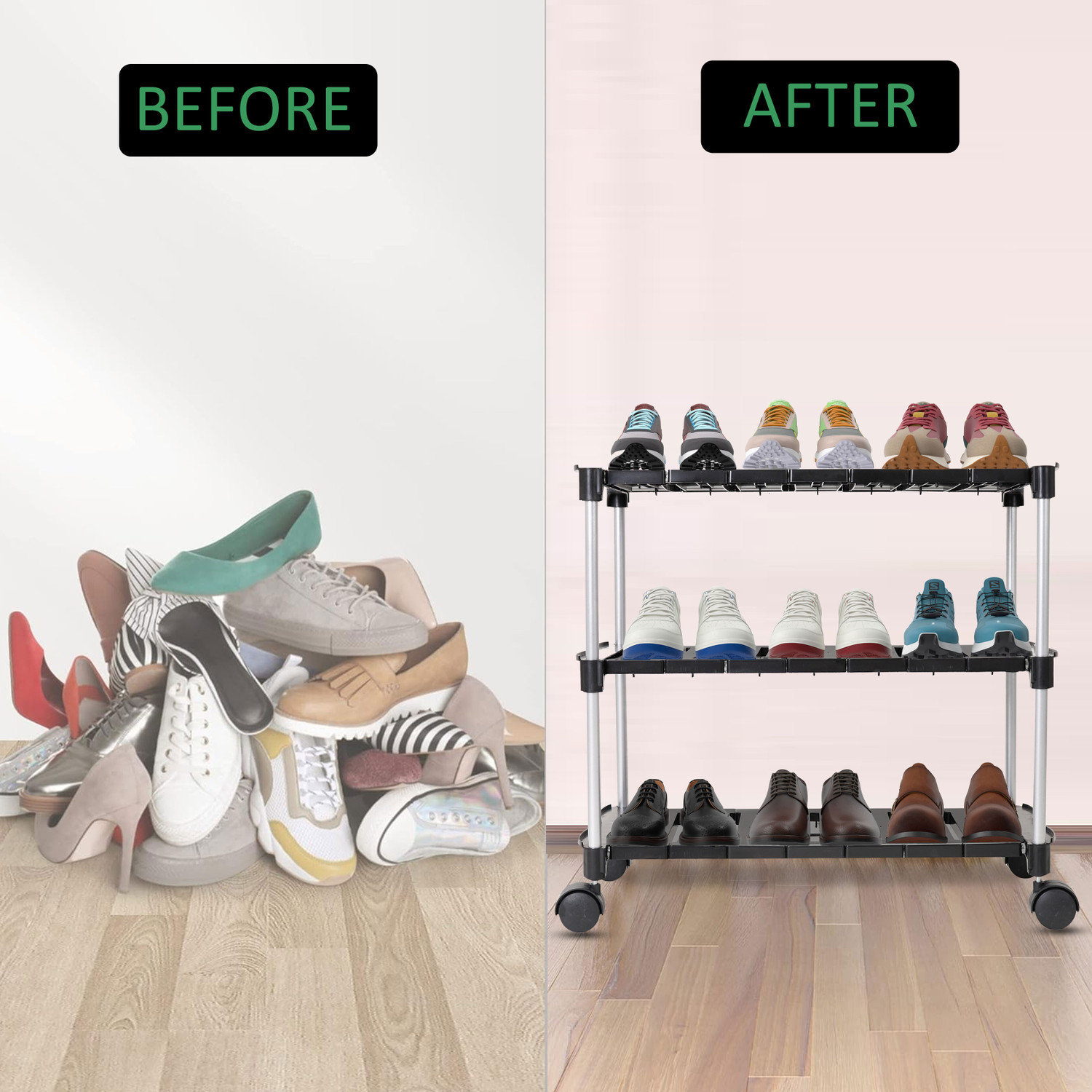 Image of LEOPAX 3 Tier Adjustable & Stackable Metal Iron Shoe Rack Organizer, Shoe Storage Shelf Metal Shoe Rack
