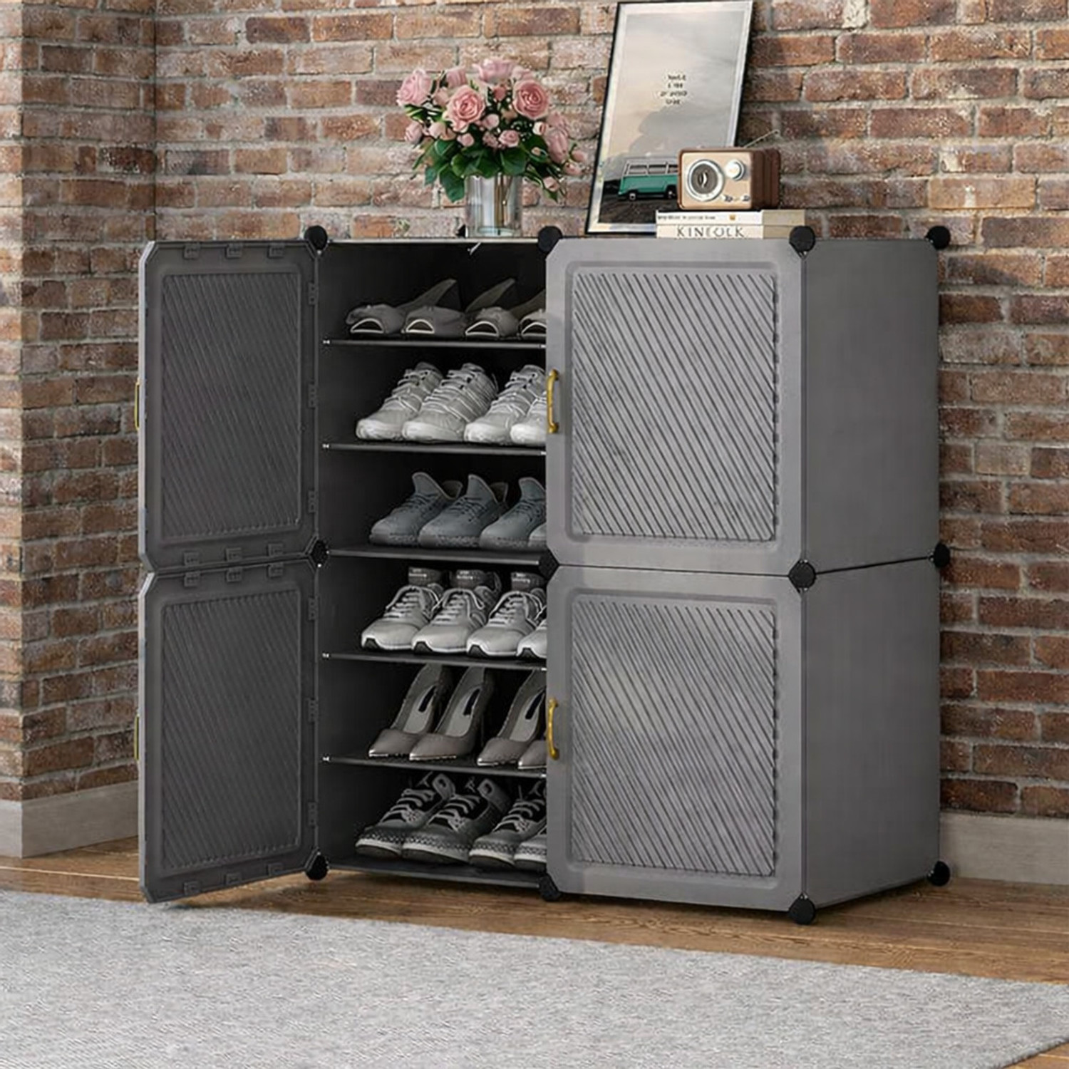 Image of Evrum 12-Shelf-4-Door Plastic Cubort Shoe Rack Plastic Collapsible Shoe Stand