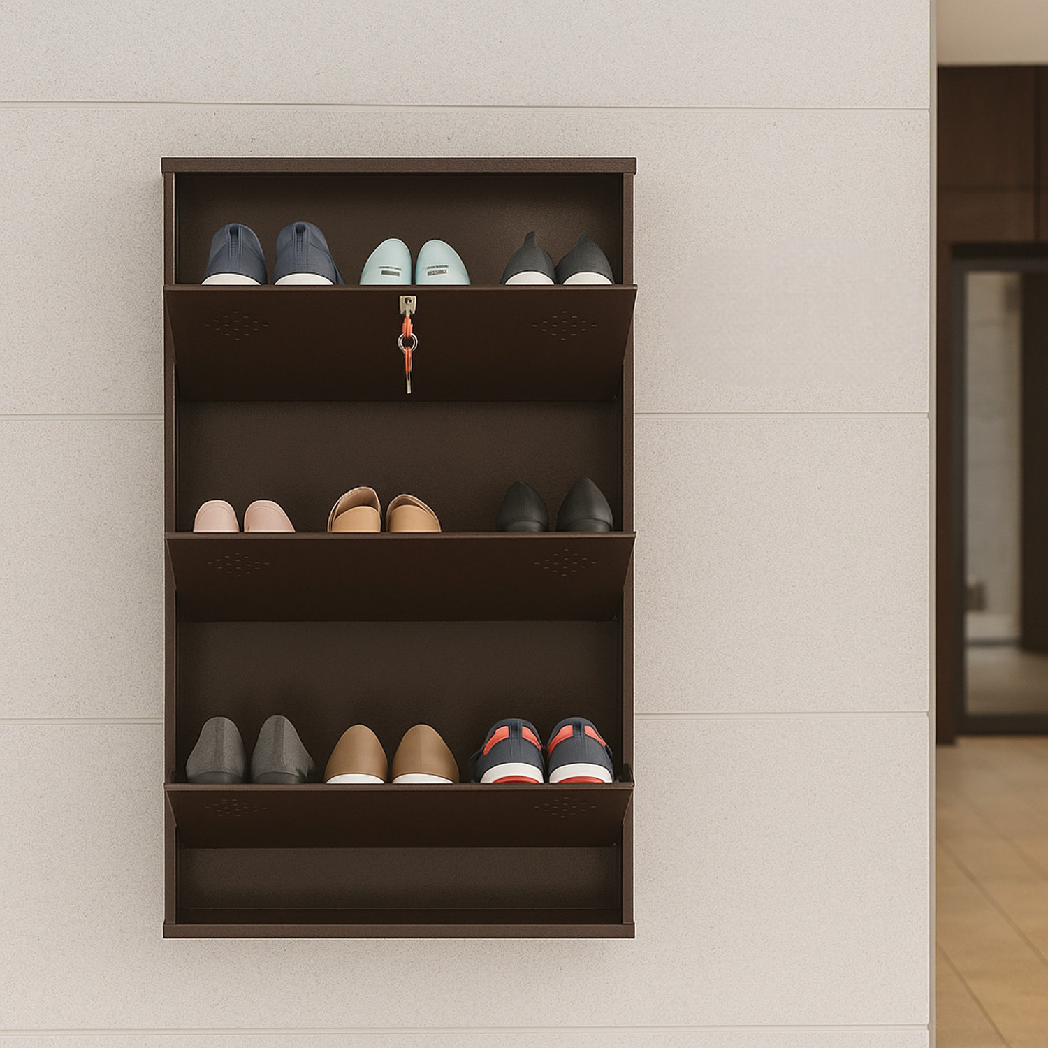 Image of Aavatar 3 Door Brown 26 Inch Wall Mounted Modern Shoerack Metal Shoe Rack