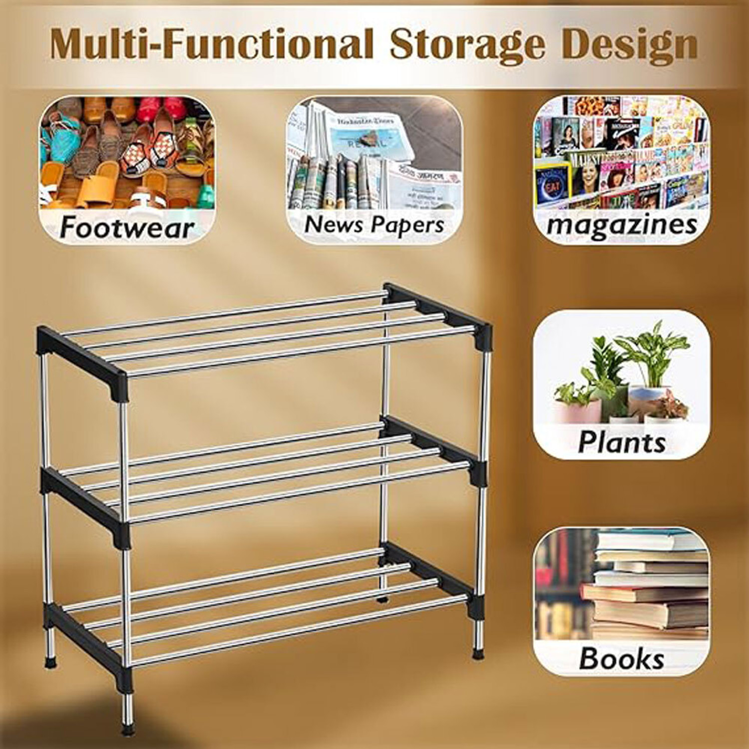 Image of Glostella 3 Layer Stainless Steel Shoes Rack for Home /Shoe Stand /Books /Newspaper /Plants Metal Shoe Stand