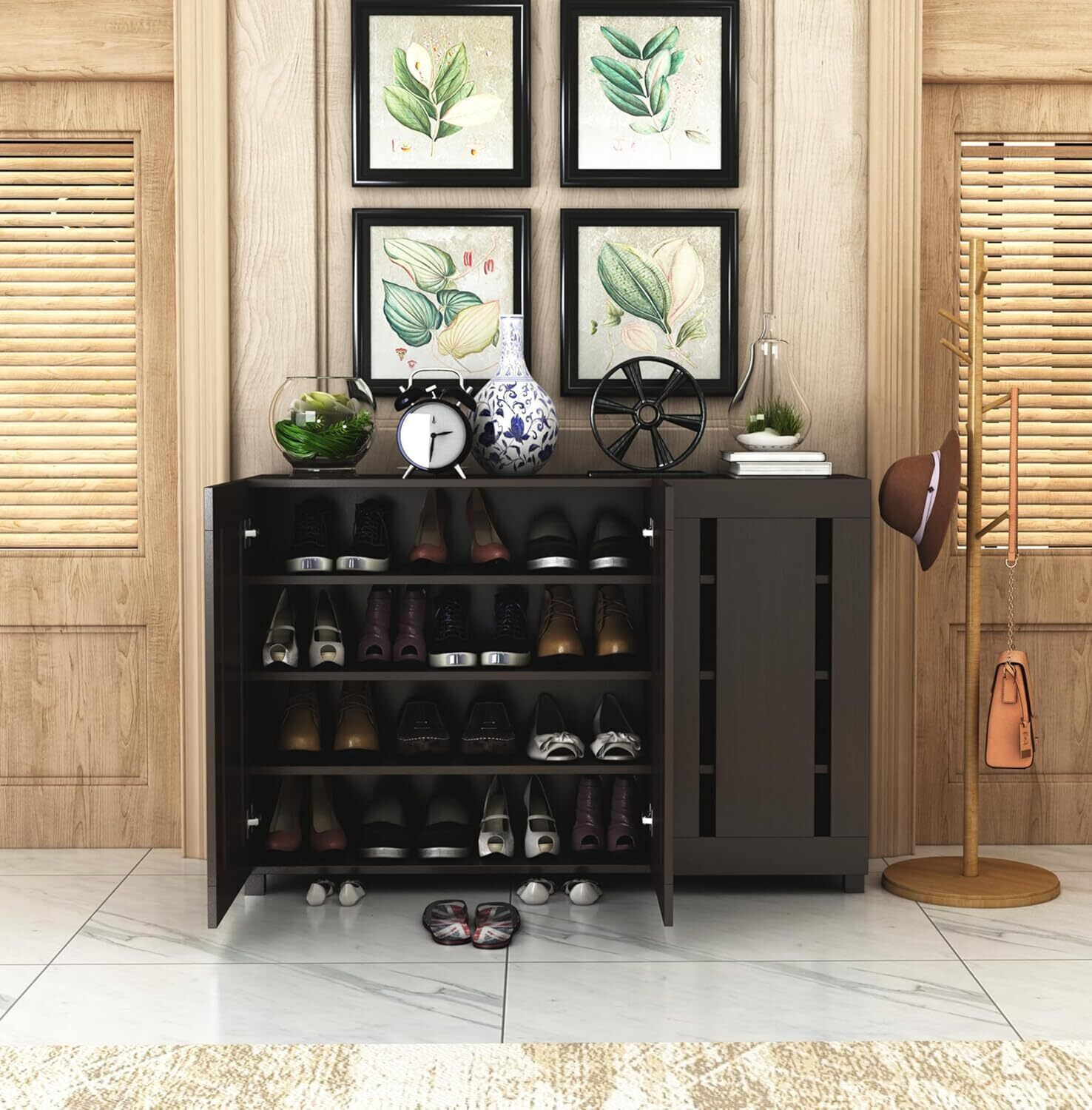Image of Furniva Minimal Three Door Shoe Rack Cabinet Engineered Wood Shoe Rack