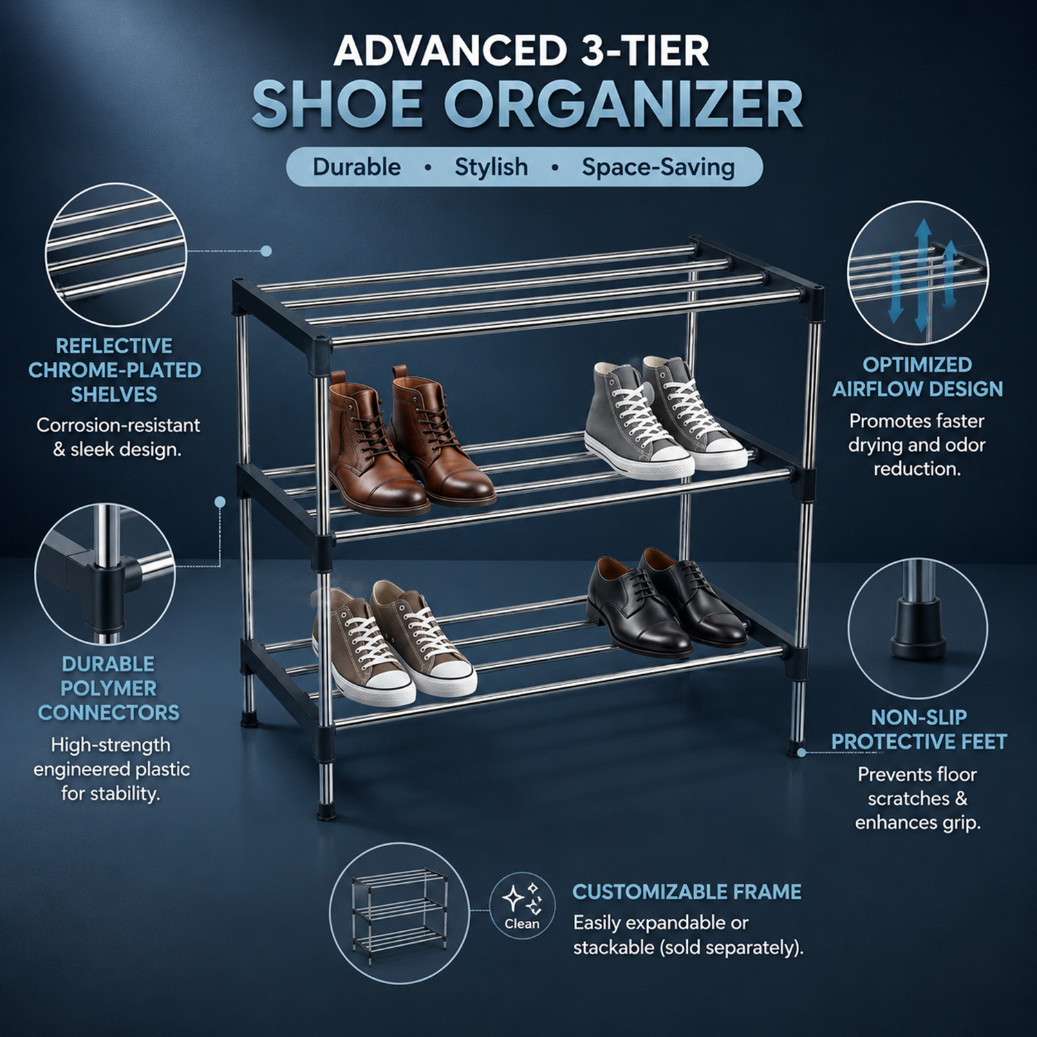 Image of Glostella 3 Layer Stainless Steel Shoes Rack for Home /Shoe Stand /Books /Newspaper /Plants Metal Shoe Stand