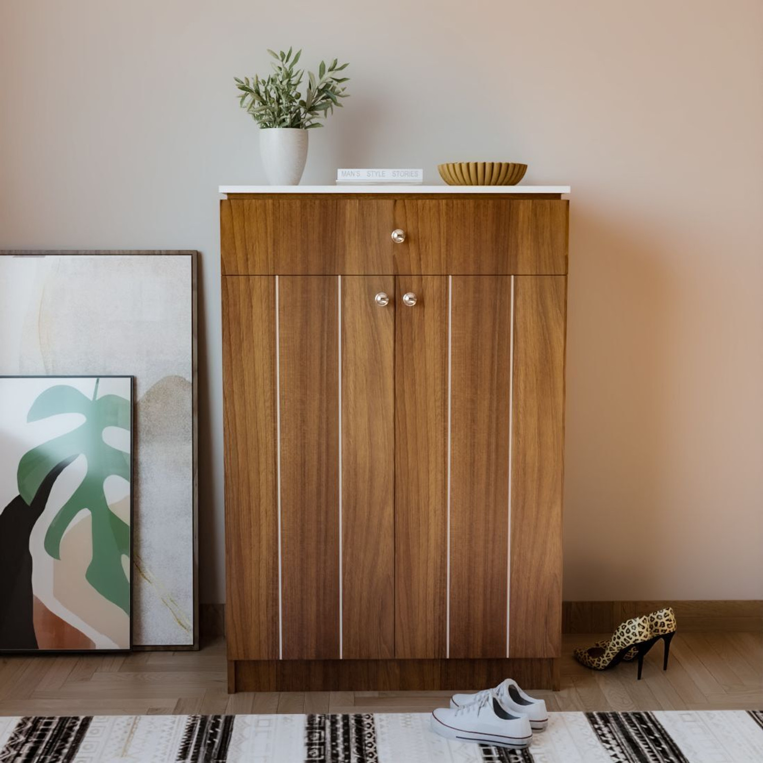 Image of neuspace Eva Shoe Cabinet with Door, Storage Box, 4 Shelf Footwear Rack, Engineered Wood Shoe Rack