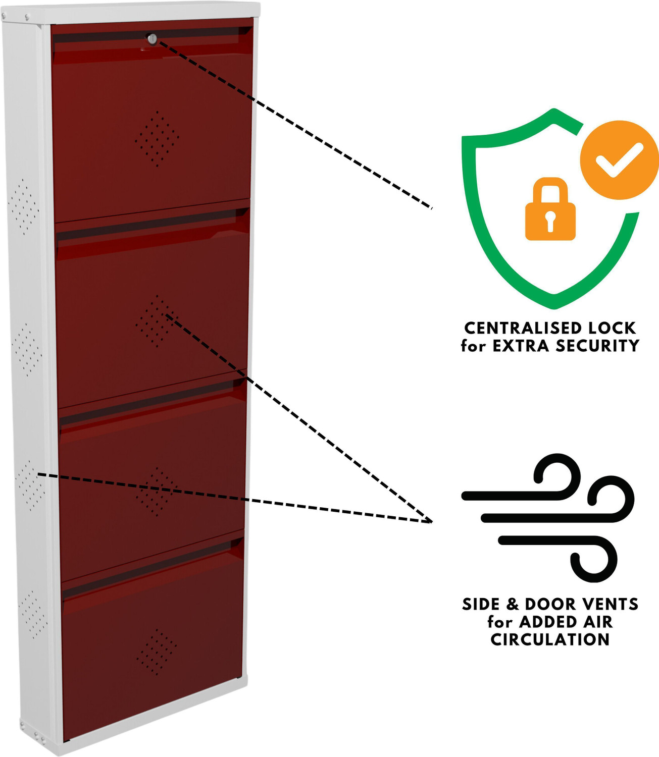 Image of KRUGER 4 Door Maroon 21x58x5.5 inch 8 to 12 Shoe Capacity Wall Mounted Centralised Lock Metal Shoe Rack