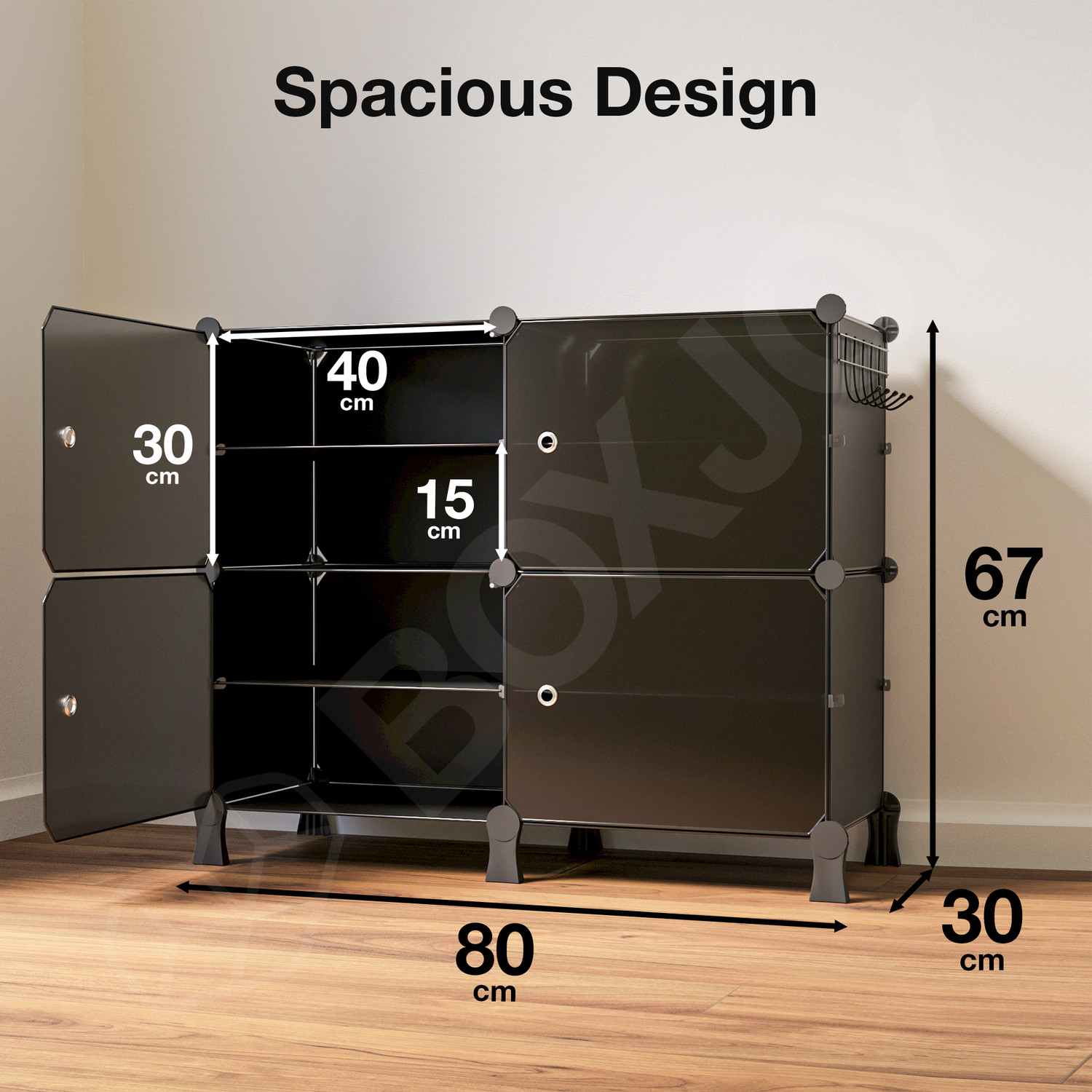 Image of BOXJOY 8 Shelf 4 Doors Shoes Rack for Home, Magnet, 5 Hook Steel Holder, Wooden Hammer Plastic Shoe Stand