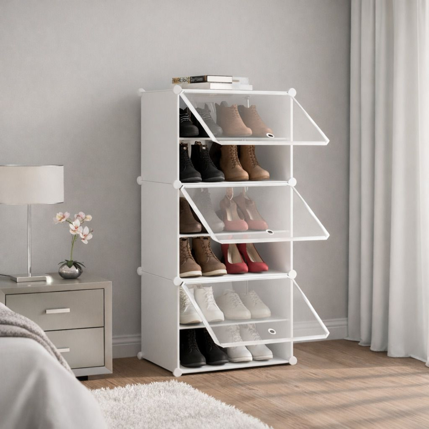 Image of Owme 6-Tier Plastic Shoe Rack with Dustproof Doors - Modular Shoe Cabinet Plastic Shoe Stand