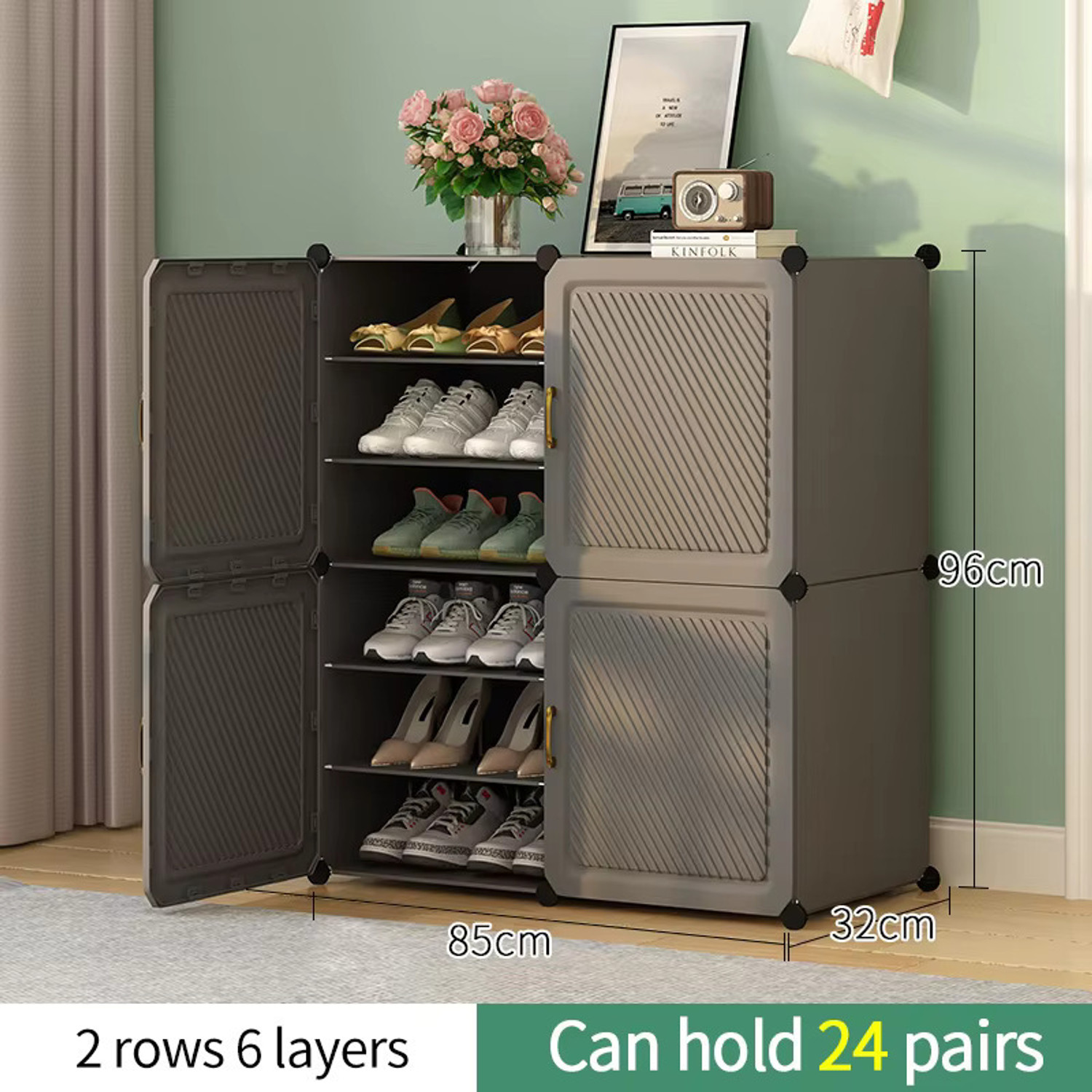 Image of SNKR ESSENTIALS 12-Shelf-4-Door Plastic Cupboard Shoe Rack Plastic, Metal Collapsible Shoe Stand