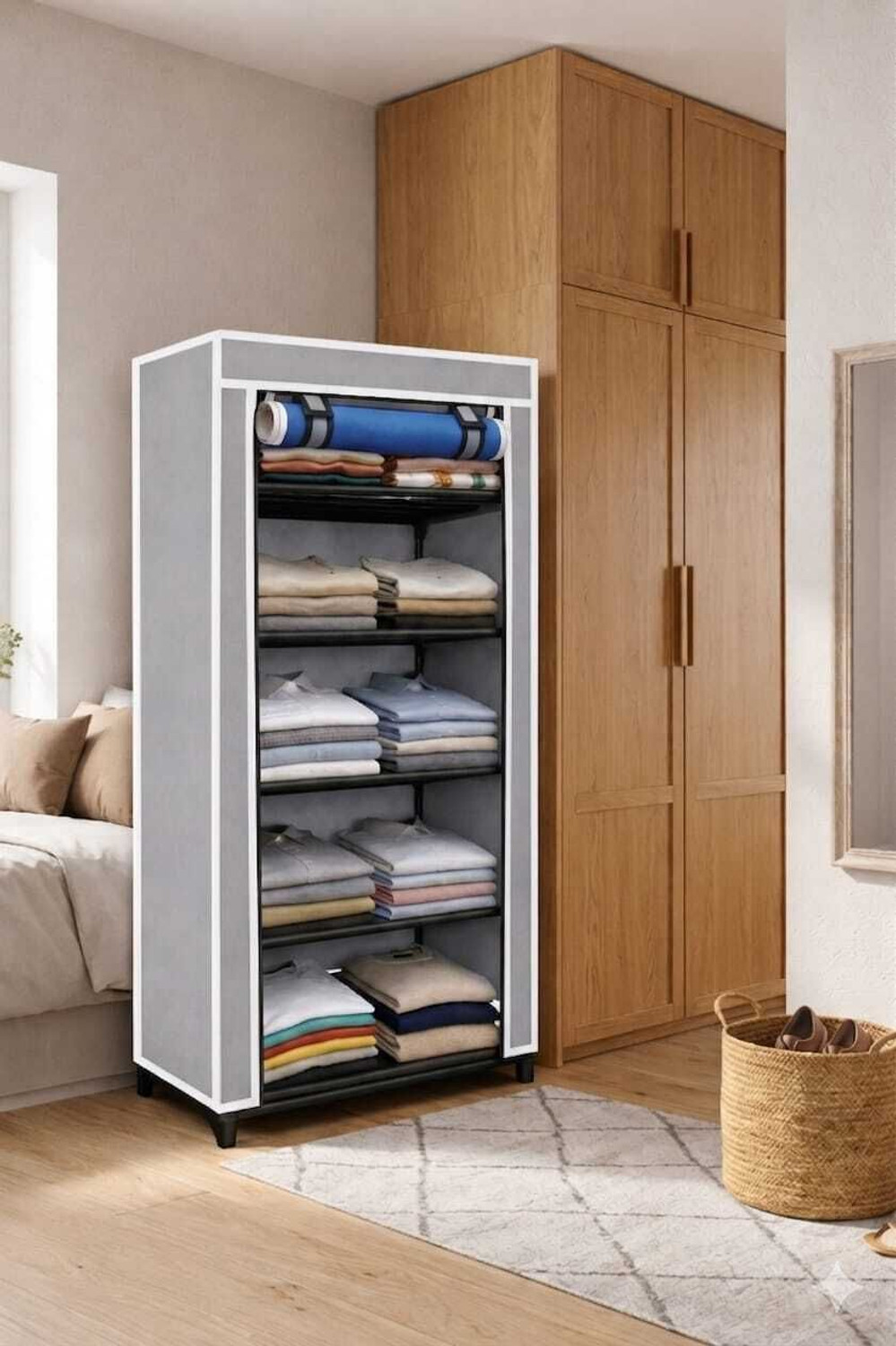 Image of FAROX Grey Shoe Rack with Cover - 5-Tier Storage Organizer for Shoes, Sneakers Metal Shoe Rack