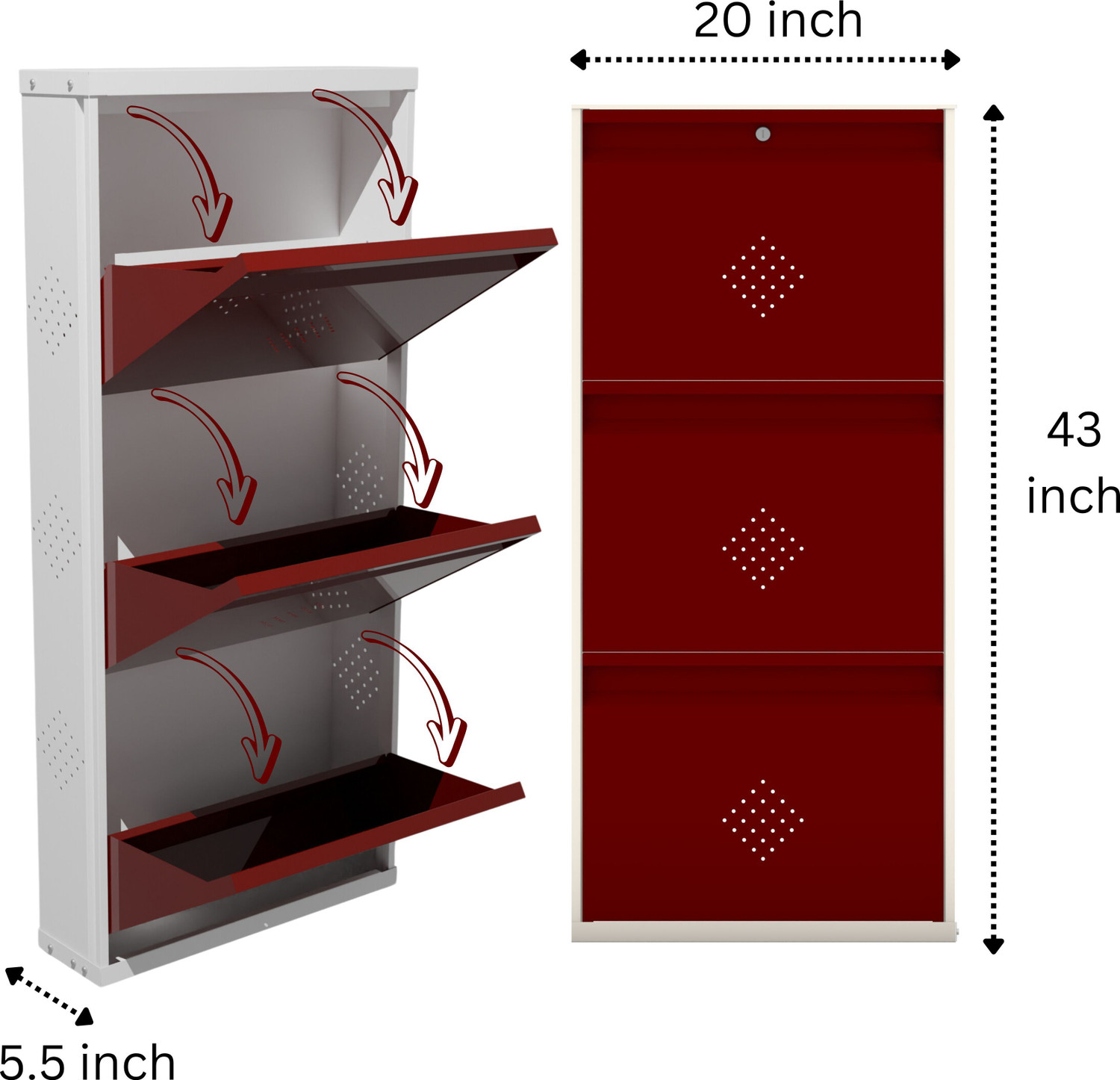 Image of KRUGER 3 Door Maroon 21x43x5.5 inch 6 to 9 Shoe Capacity Wall Mounted Centralised Lock Metal Shoe Rack