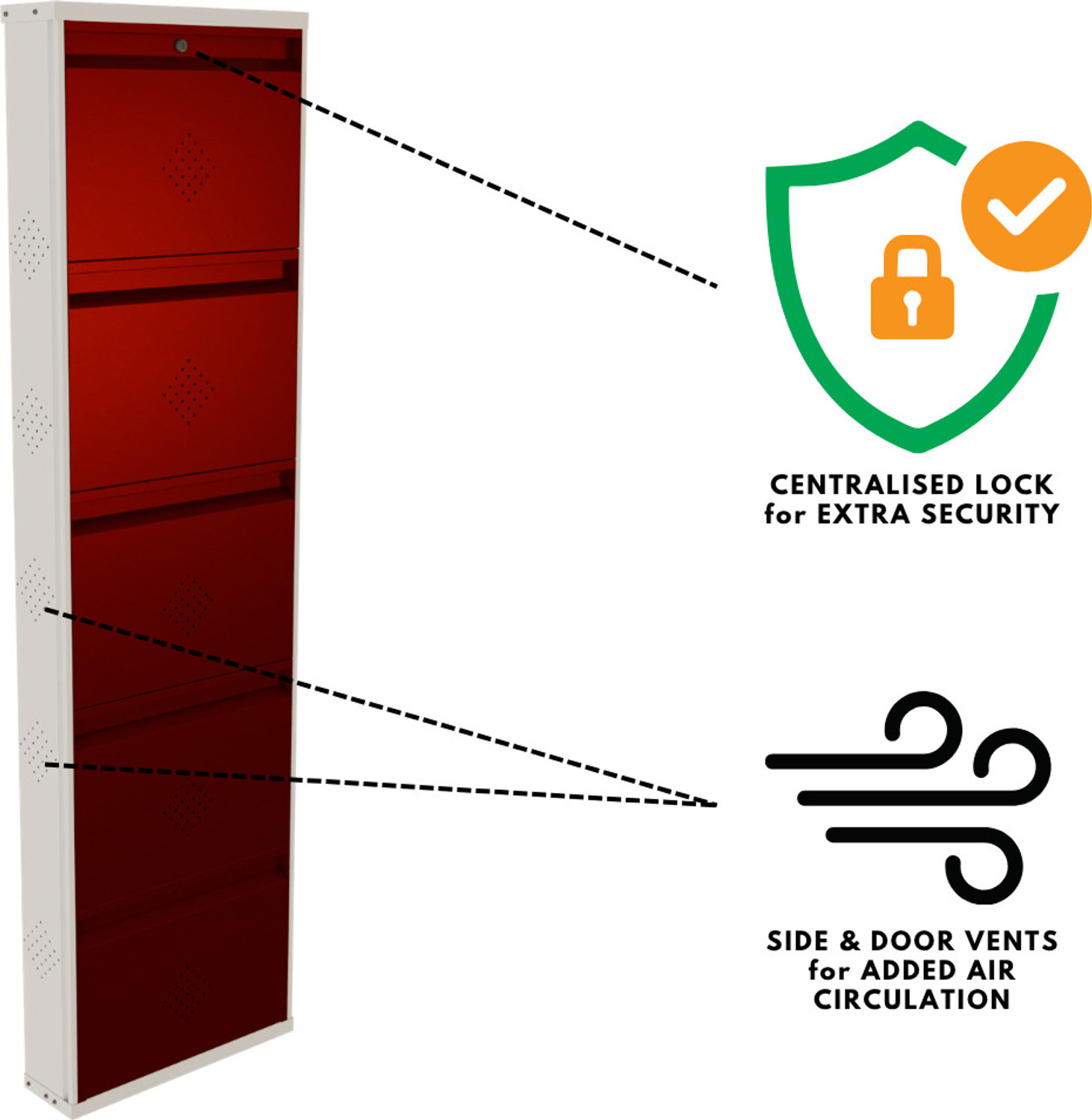 Image of KRUGER 5 Door Maroon 20x71x5.5 inch 10 to 15 Shoe Capacity Centralised Lock Metal Shoe Rack