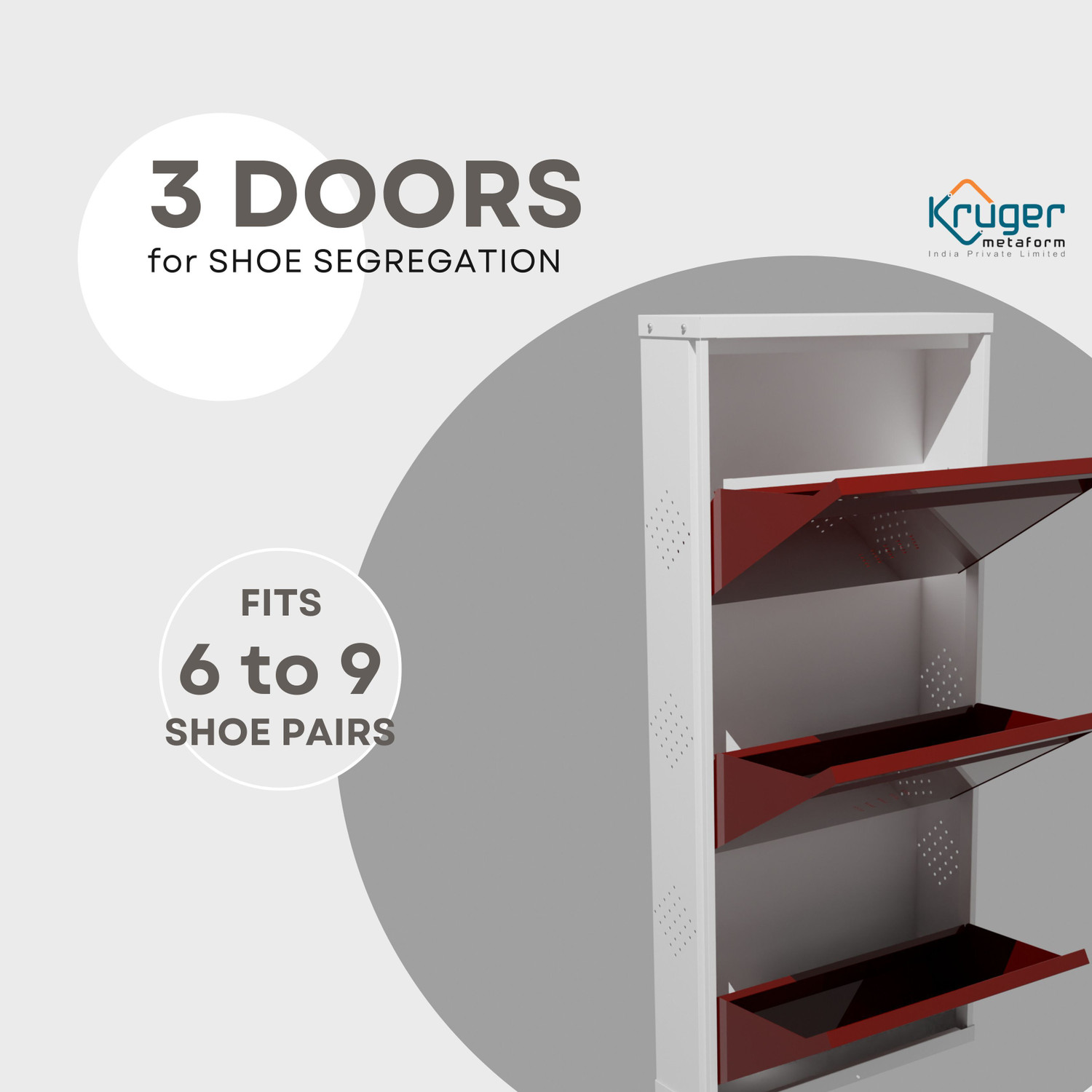 Image of KRUGER 3 Door Maroon 21x43x5.5 inch 6 to 9 Shoe Capacity Wall Mounted Centralised Lock Metal Shoe Rack