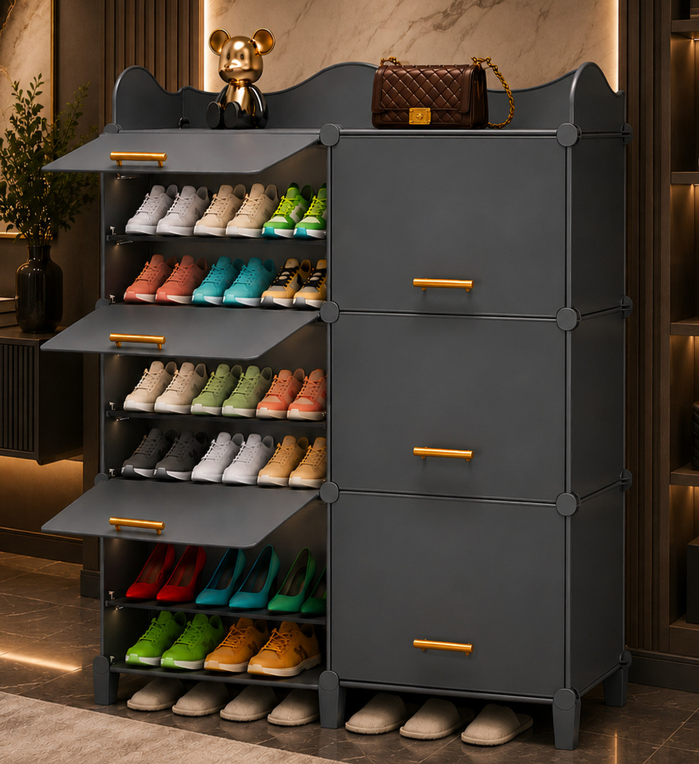 Image of Sasimo 12-Shelf-6-Door Plastic Cubort Shoe Rack Plastic Collapsible Shoe Stand