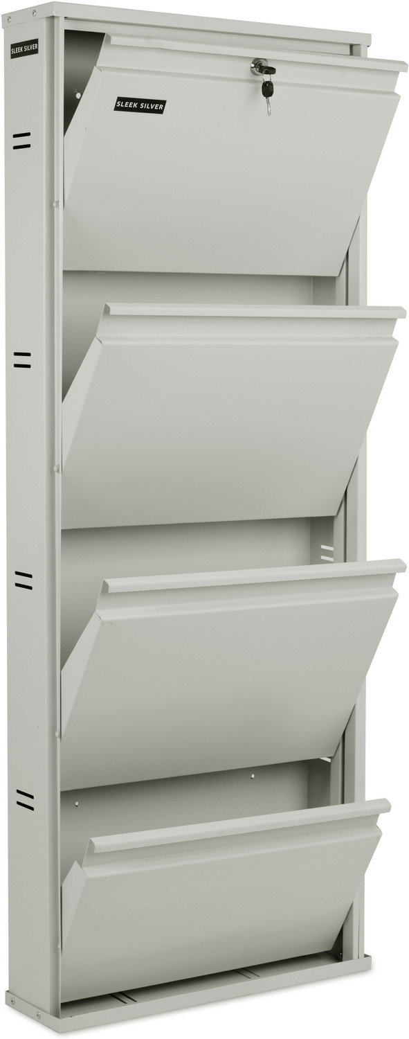 Image of Sleek Silver Space Saving Shoe Organiser Cabinet with 10-12 Pairs Capacity Metal Shoe Rack