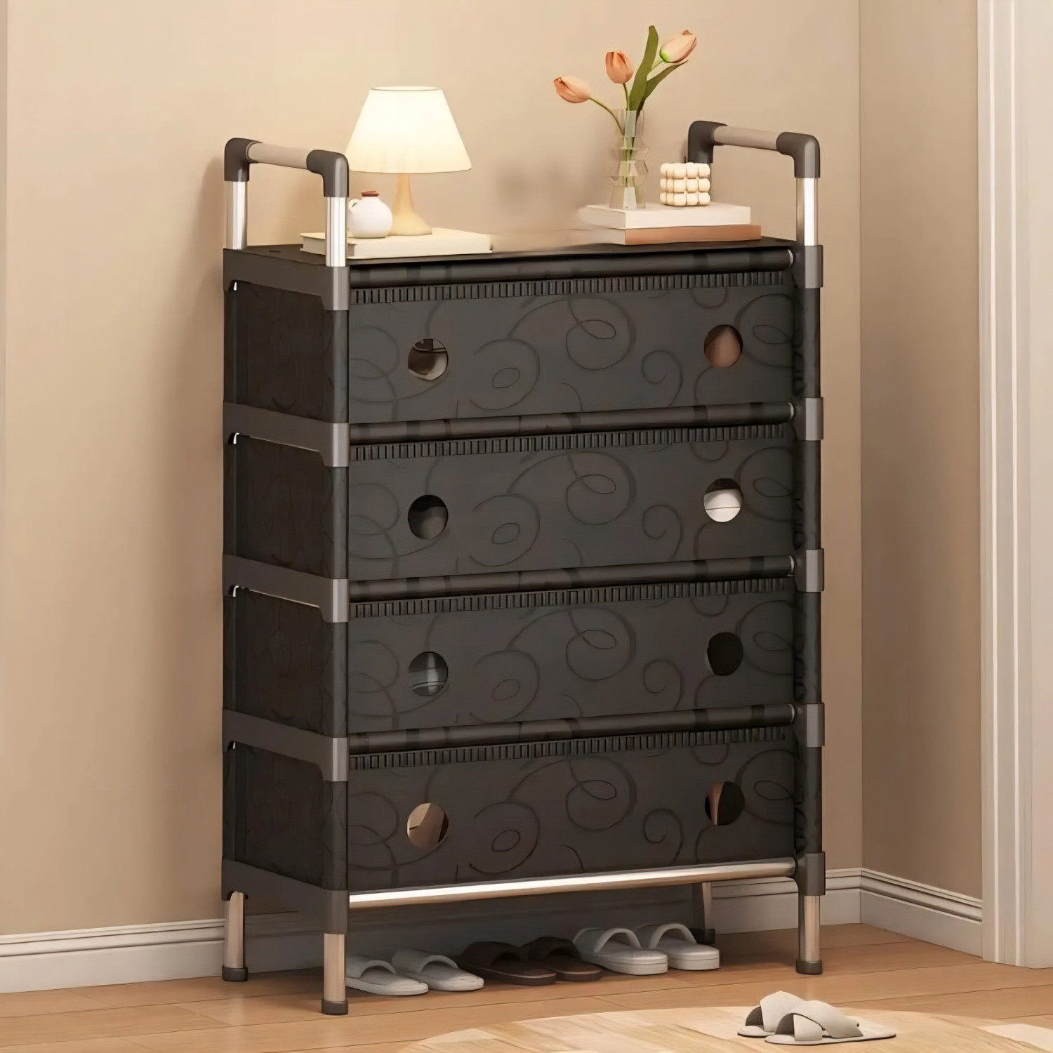 Image of SEASONS 5-Shelf-4-Door Plastic Cubort Shoe Rack Plastic Collapsible Shoe Stand