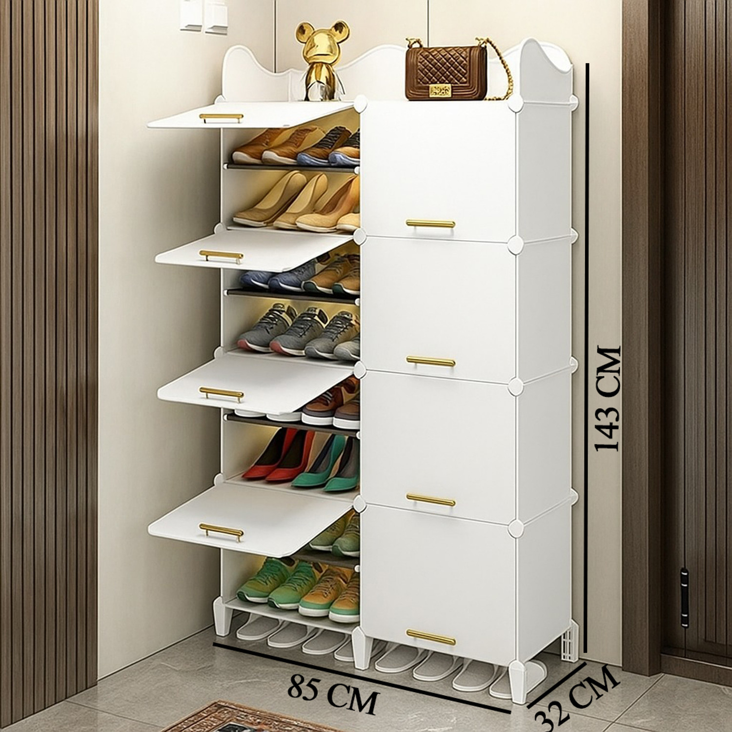 Image of Sasimo 16-Shelf-8-Door Plastic Cubort Shoe Rack Plastic Collapsible Shoe Stand