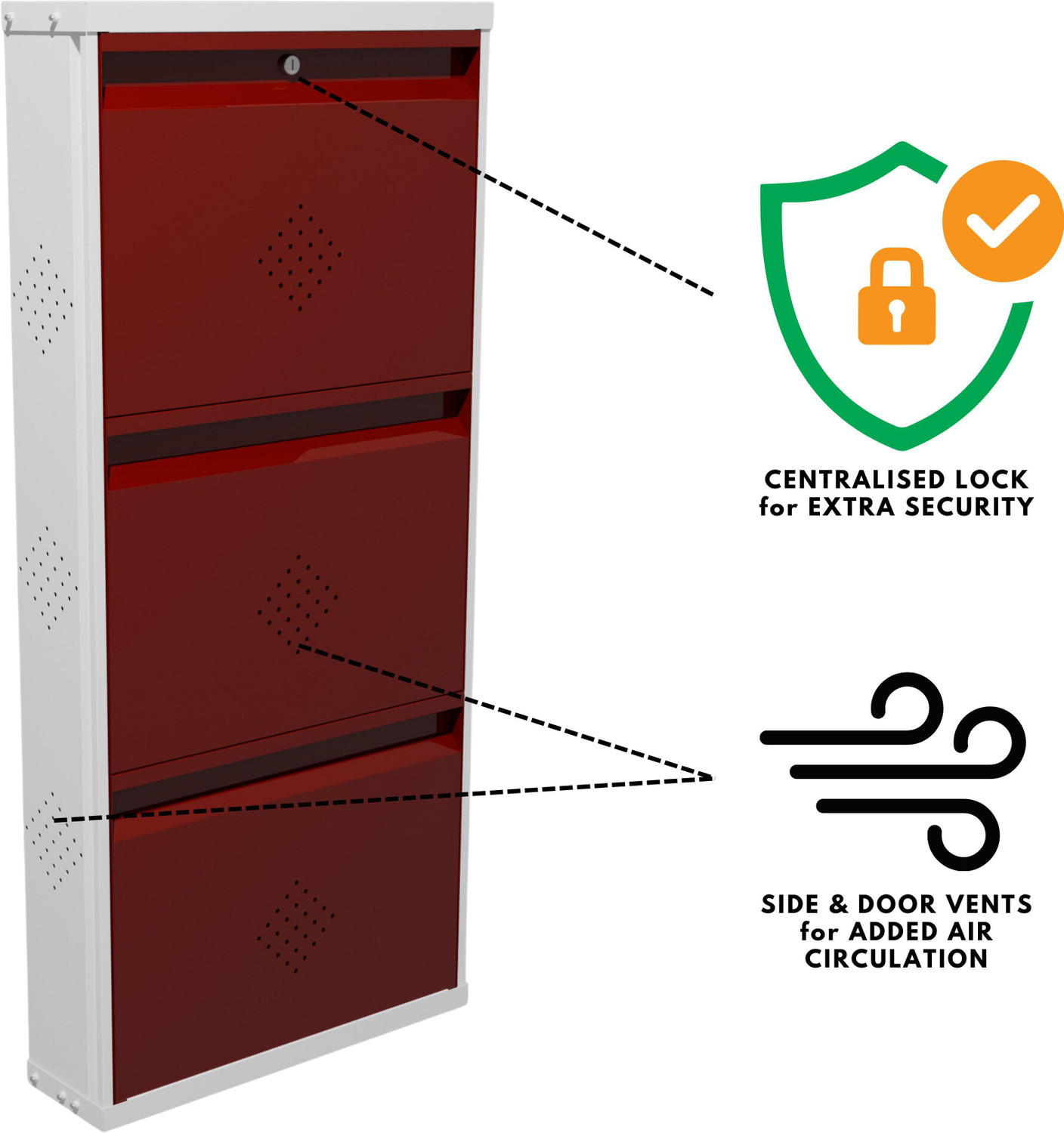 Image of KRUGER 3 Door Maroon 21x43x5.5 inch 6 to 9 Shoe Capacity Wall Mounted Centralised Lock Metal Shoe Rack