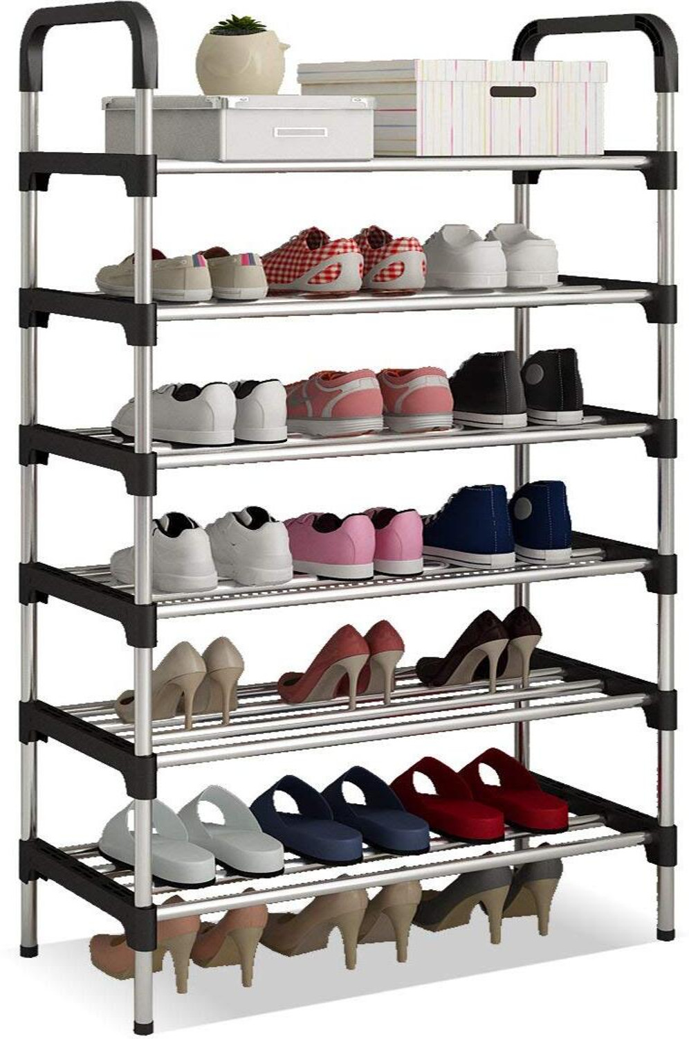 Image of SOUKIO Space-Saving 6-Tier Metal Open Shoe Rack,Home Entryway, Bedroom & Living Room, Metal, Plastic Shoe Stand