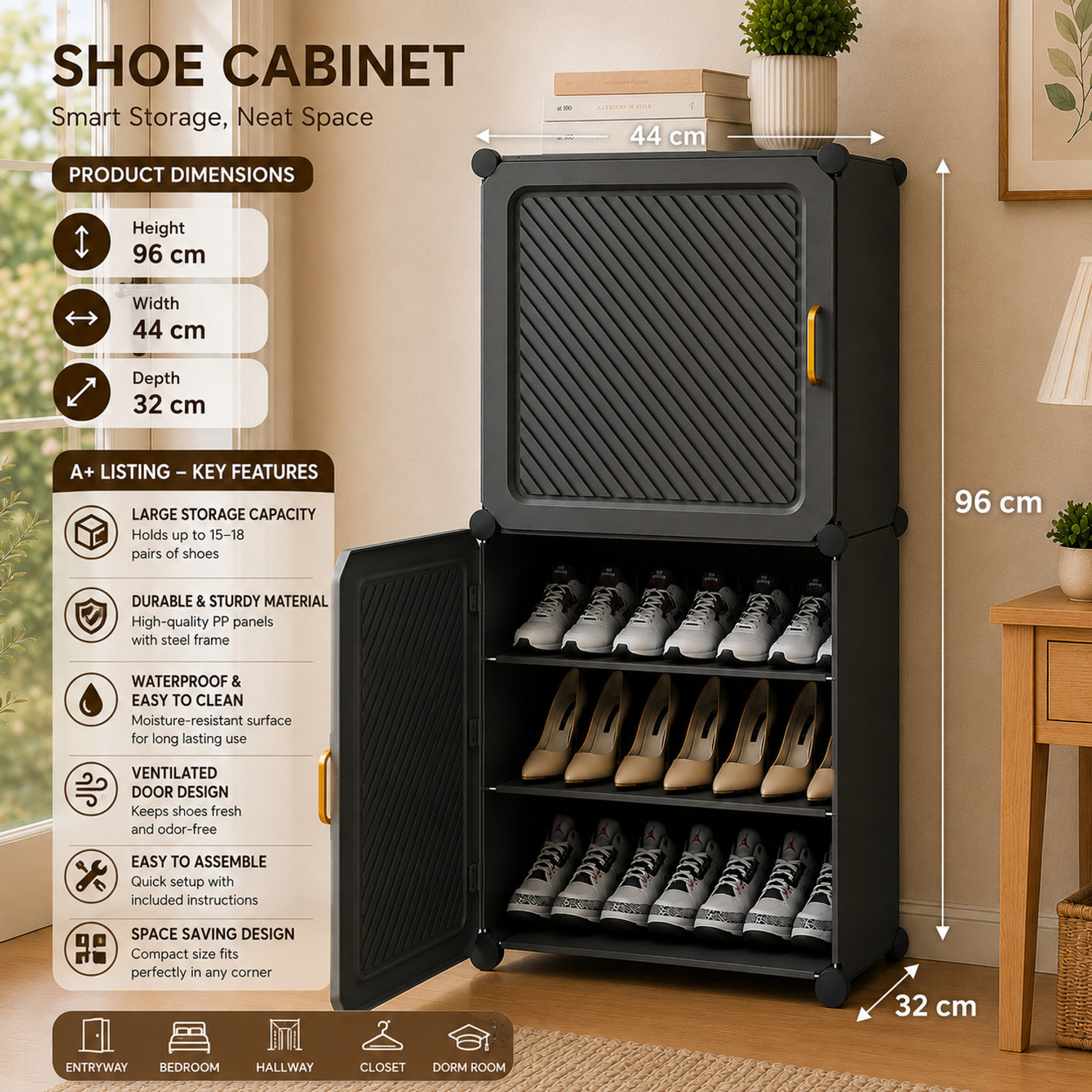 Image of MEVIGO 6-Shelf-2-Door Plastic Cubort Shoe Rack Metal Shoe Stand