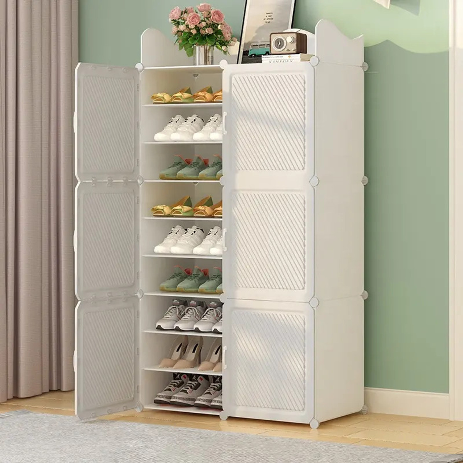 Image of SNKR ESSENTIALS 18-Shelf-6-Door Plastic Cupboard Shoe Rack Plastic, Metal Collapsible Shoe Stand
