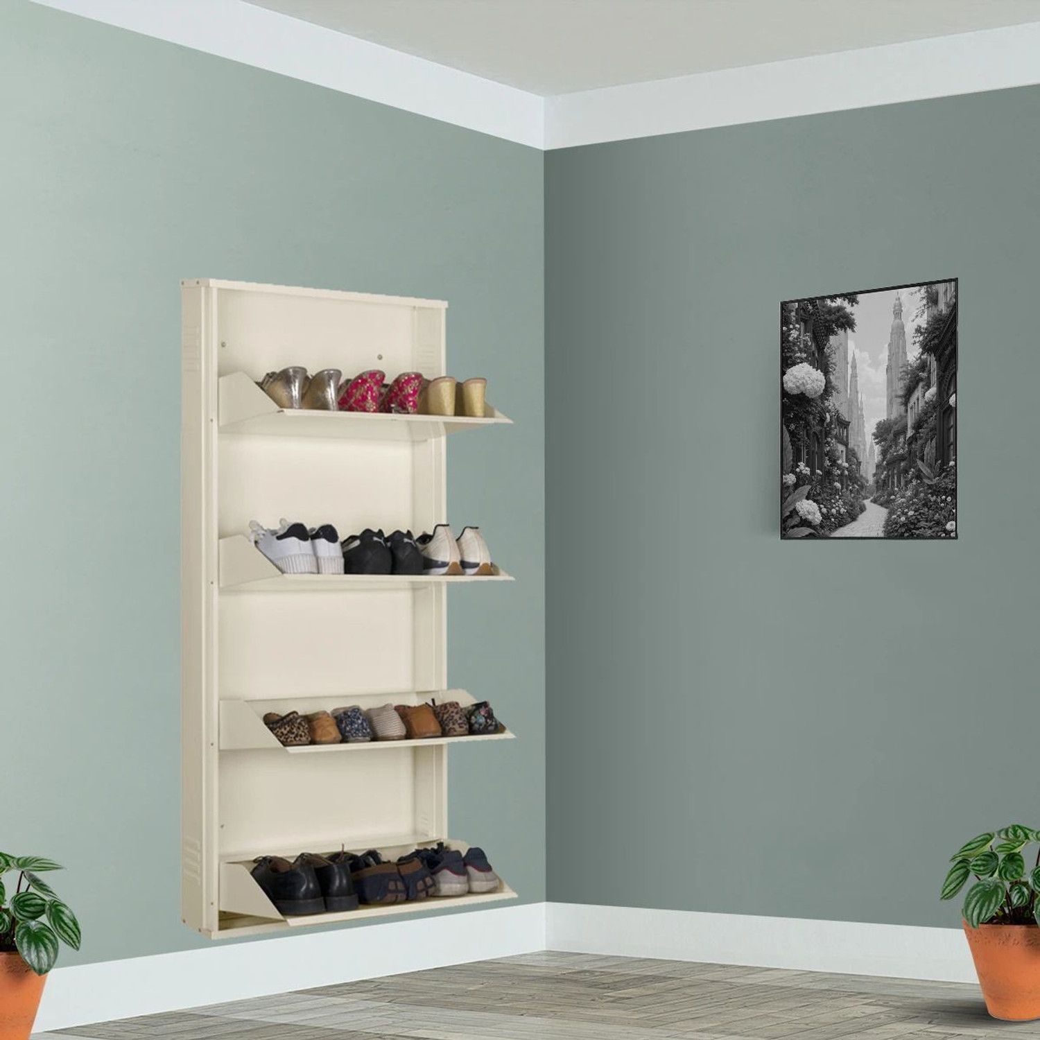 Delite Kom 24 Inch Wide, 4 Shelf | Store 12 Shoe/20 Slipper | Lockable, Wall Mount Metal Shoe Rack