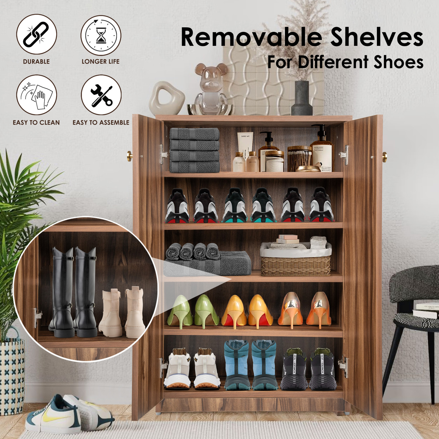 Image of Urbanovia Space-Saving Wooden Shoe Cabinet with Multi-Shelf Storage Engineered Wood Shoe Rack