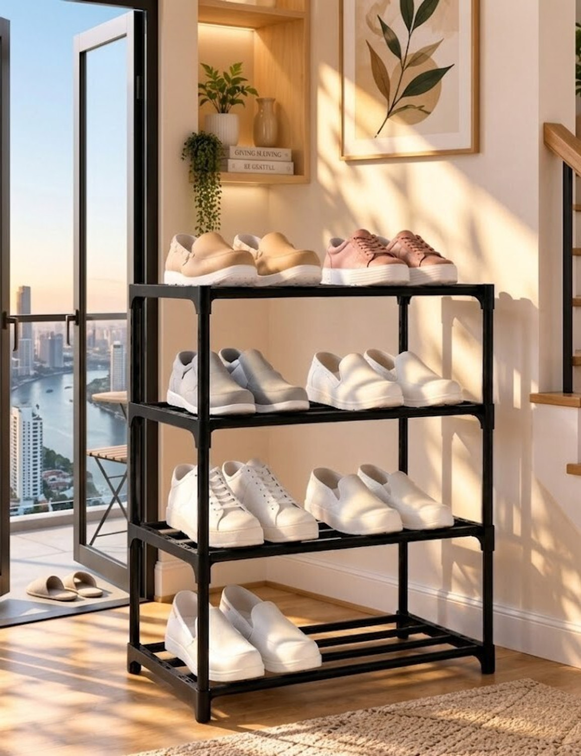 Image of SRMAJI STORE 4 Shelf Plastic Shoe Stand for Shoes and Slippers Plastic Collapsible Shoe Stand
