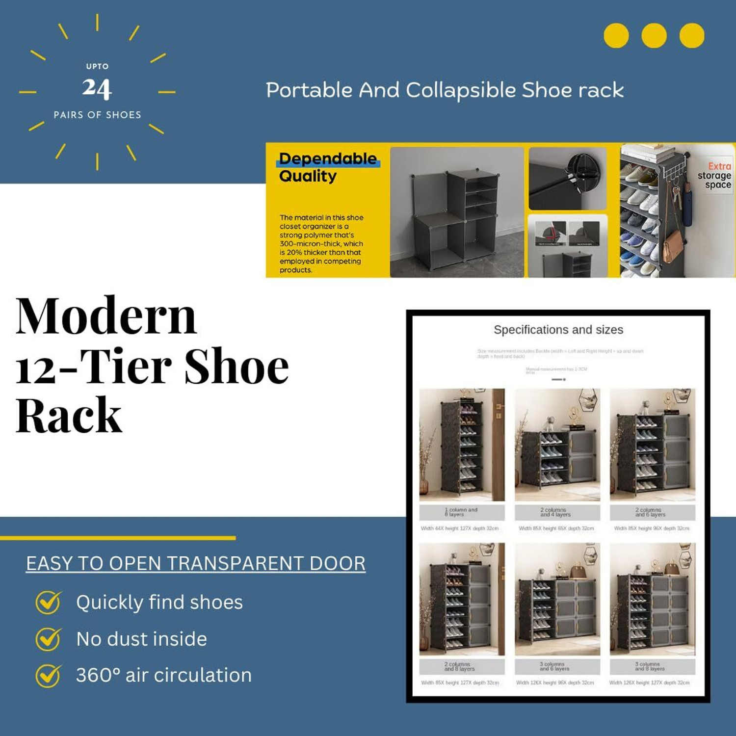 Image of Evrum 12-Shelf-4-Door Plastic Cubort Shoe Rack Plastic Collapsible Shoe Stand