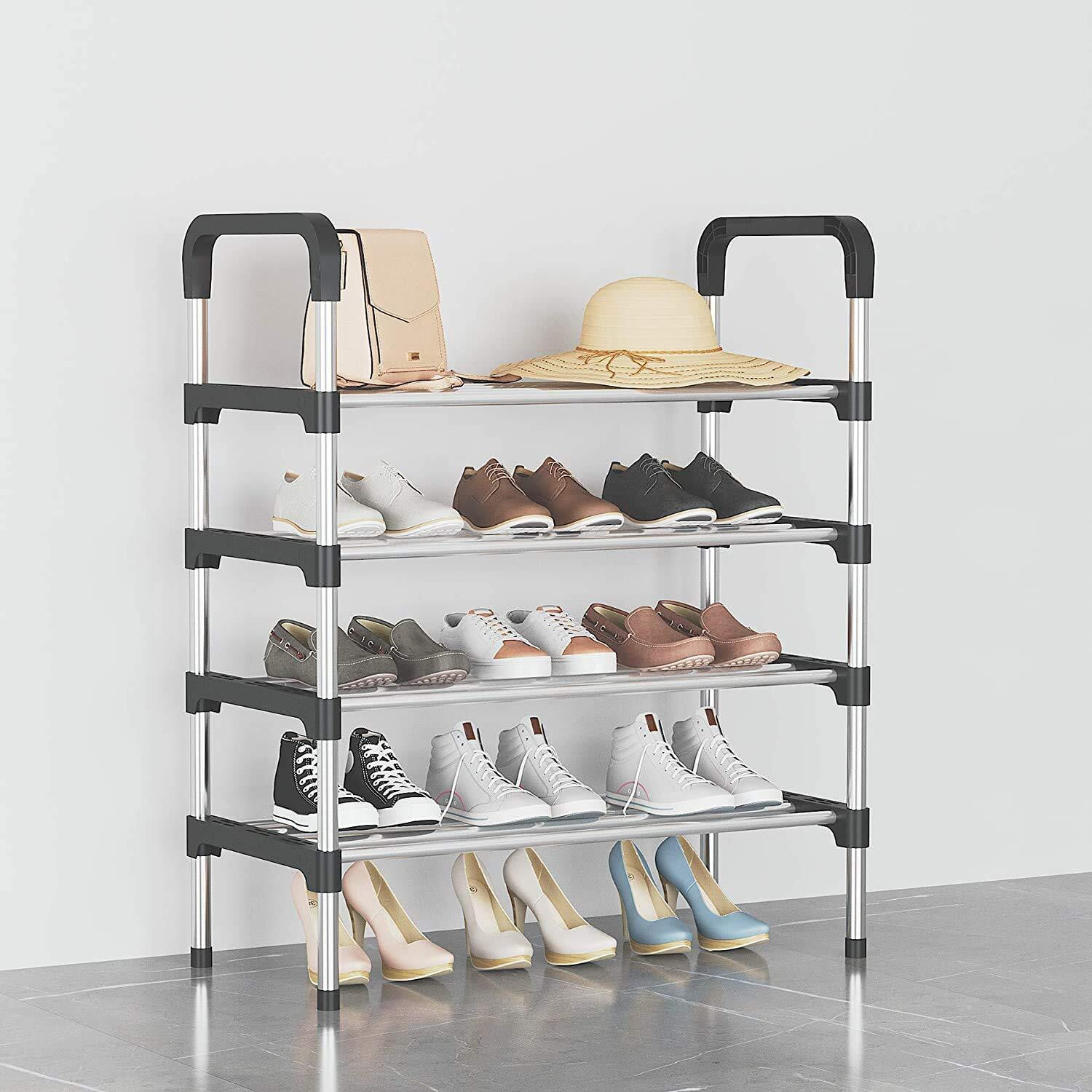 Image of SOUKIO Space-Saving 4-Tier Metal Open Shoe Rack,Home Entryway, Bedroom & Living Room, Metal, Plastic Shoe Stand