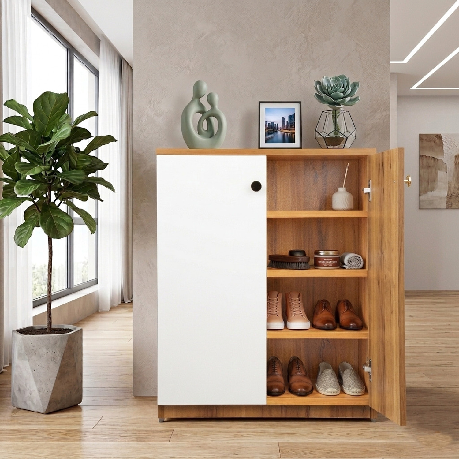 Image of Urbanovia Wooden Shoe Rack for Home Use | Adjustable Shelves | Compact Organizer Engineered Wood Shoe Rack