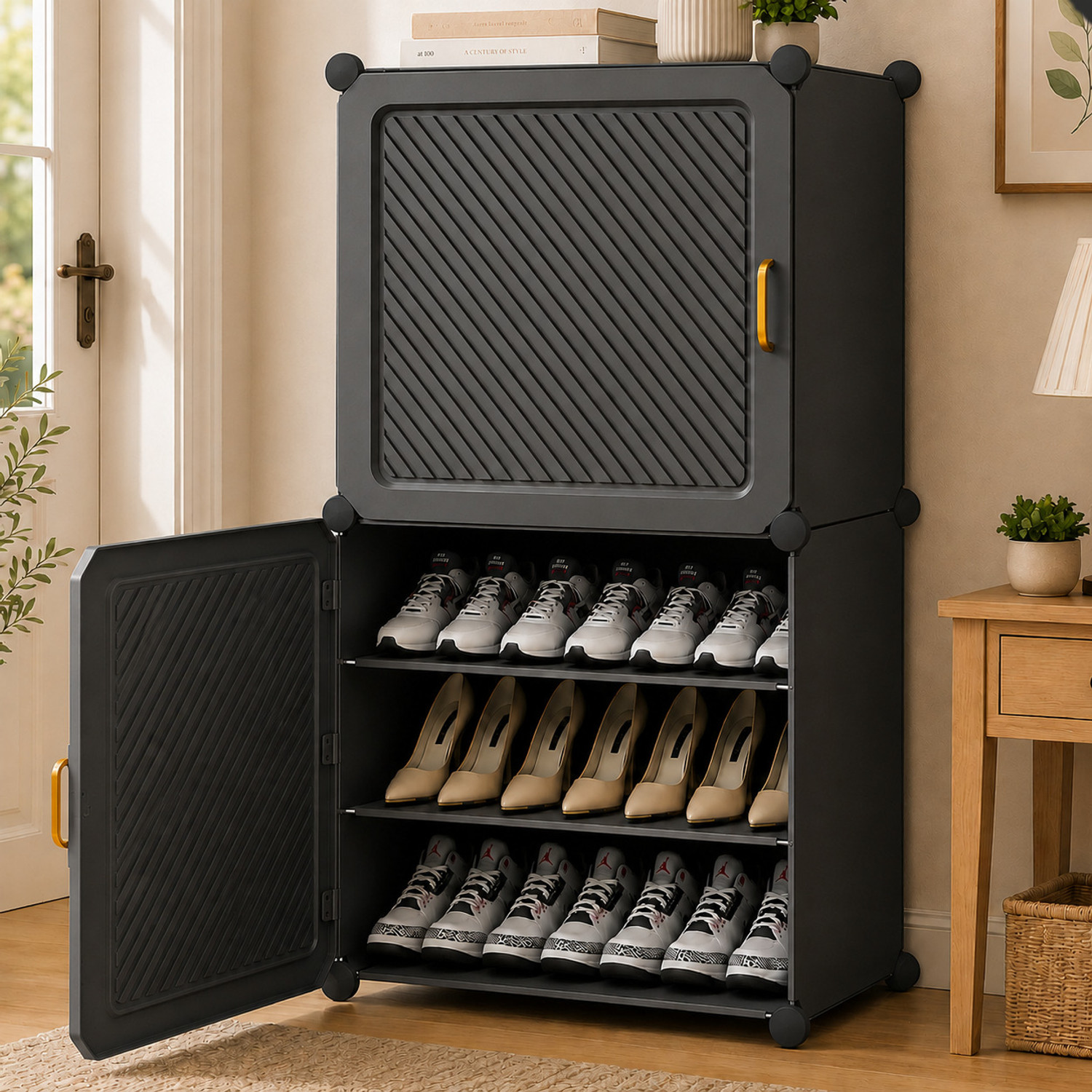 Image of MEVIGO 6-Shelf-2-Door Plastic Cubort Shoe Rack Metal Shoe Stand