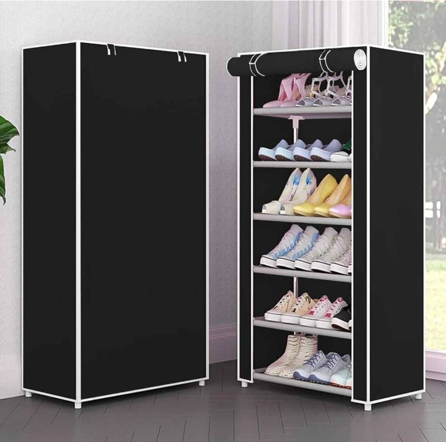 BALKI Plastic Collapsible Shoe Stand (Black , 6 Shelves, DIY(Do-It-Yourself)) Plastic Shoe Stand