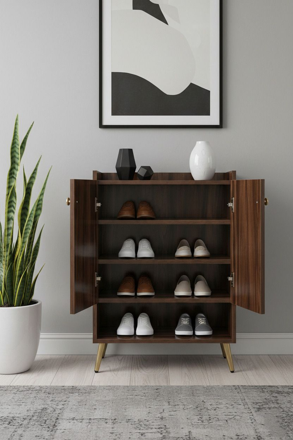 Image of Urbanovia Wooden Shoe Rack Cabinet for Home | Multi Shelf Storage Organizer Engineered Wood Shoe Rack