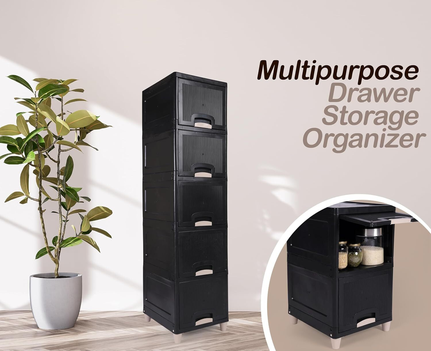 Image of GROTHEORY Narrow Balcony Storage Cabinet with Drawers for Compact Outdoor Spaces Plastic Free Standing Cabinet (Finish Color - Black, Door Type- Framed Sliding, DIY(Do-It-Yourself))