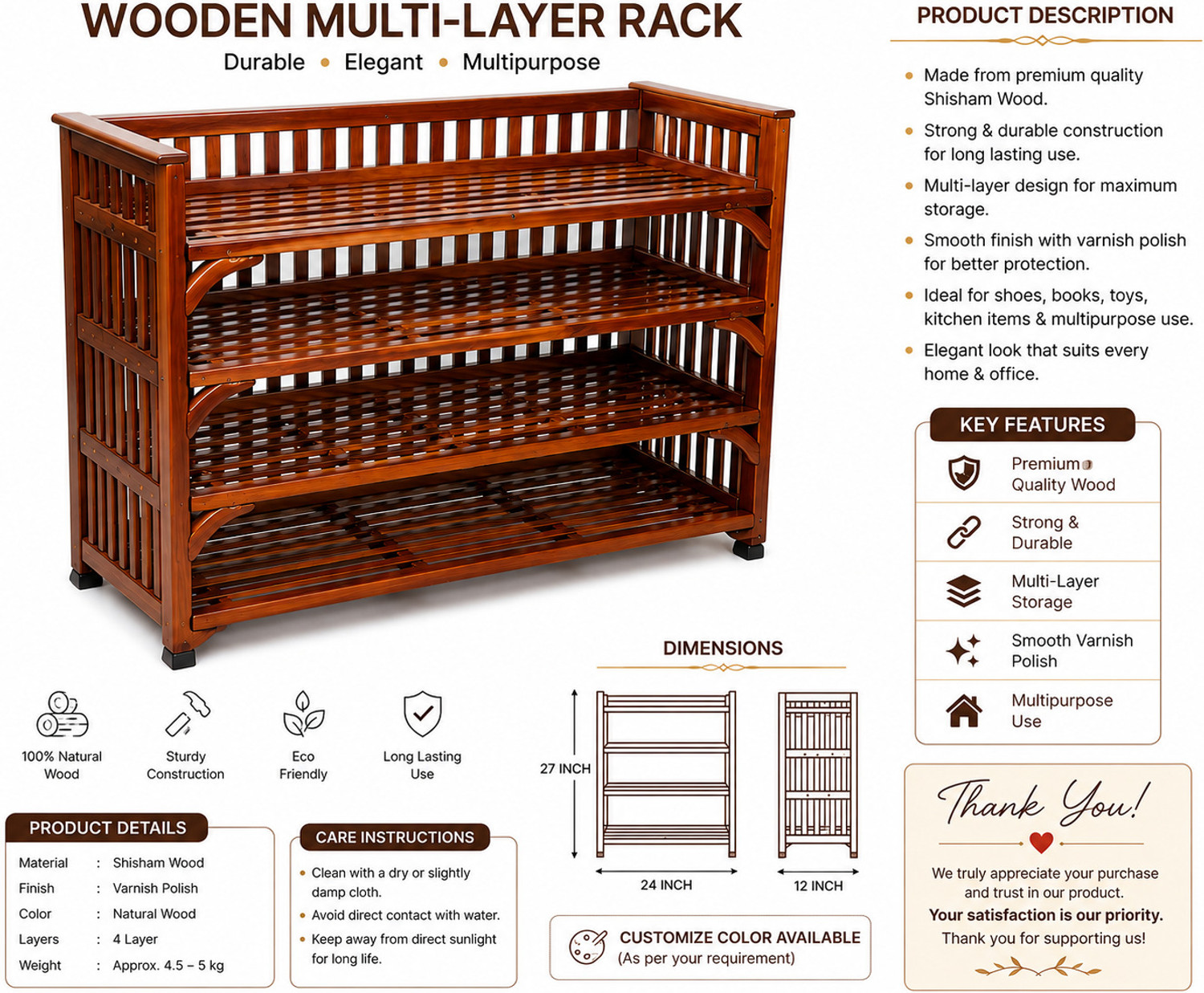 Image of QUEES Wooden 4 Tier Multi Layer Storage Rack |Wood Shoe Rack & Multipurpose for Home Bamboo, Cane, Engineered Wood, Solid Wood Shoe Rack (Brown, 4 Shelves, Pre-assembled)